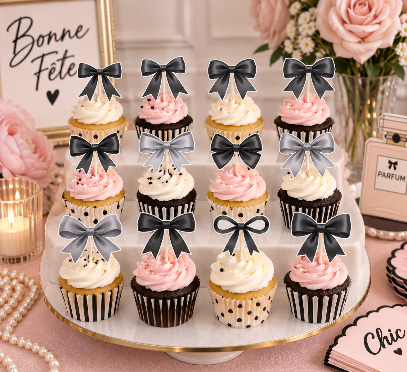 Oui Party Chic Bows 12 Cupcake Toppers (1.5" x 1.5")