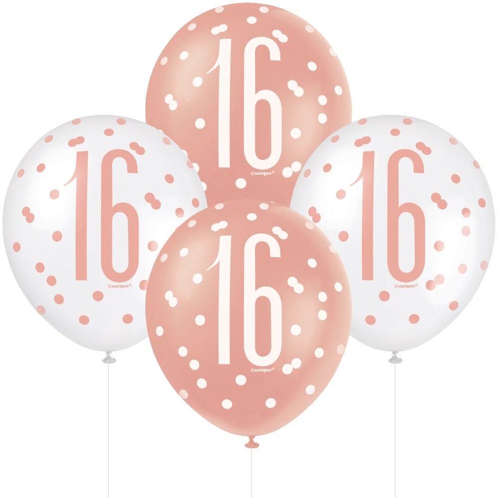 Age 16 6 Printed Latex Balloons 12in Pink and White