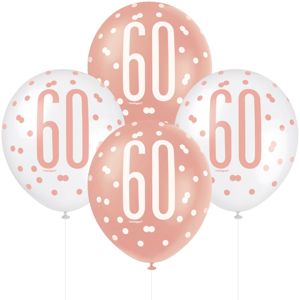 Age 60 6 Printed Latex Balloons 12in Pink and White