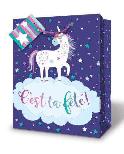 MillBrook Studio - Large Gift Bag Unicorn C'est Ta Fete French 12.75" x 5.38" x 10.38"
