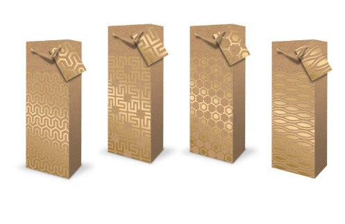 Rosedale Bottle Gift Bag - Gold Stamp Kraft 4.75W x14.25H x3.1D in