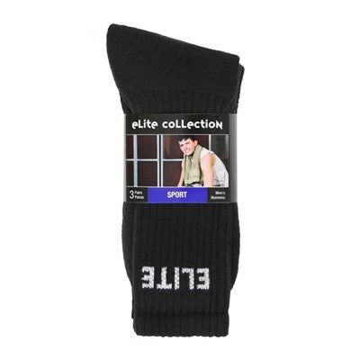 Elite Collection 3 Pairs Black Sport Socks Men 10-13 - 80% Cotton 17% Polyester 3% Spandex