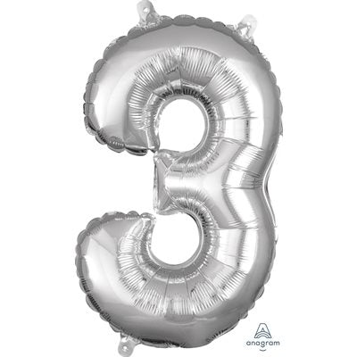 Air-filled Silver Foil Number 3 Balloon 16in