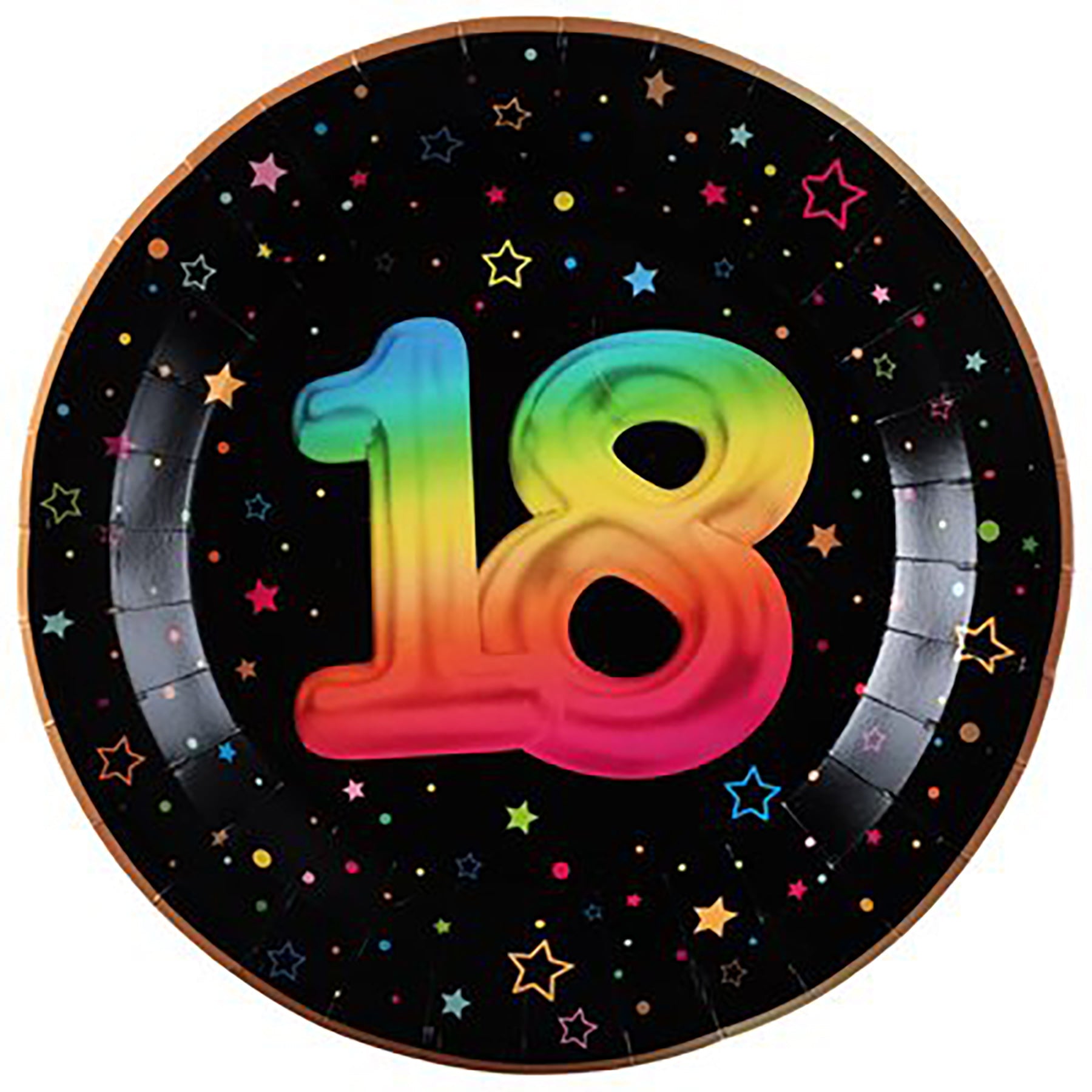Festicolor Age 18 6 Round Paper Plates - Black Background 8.8in