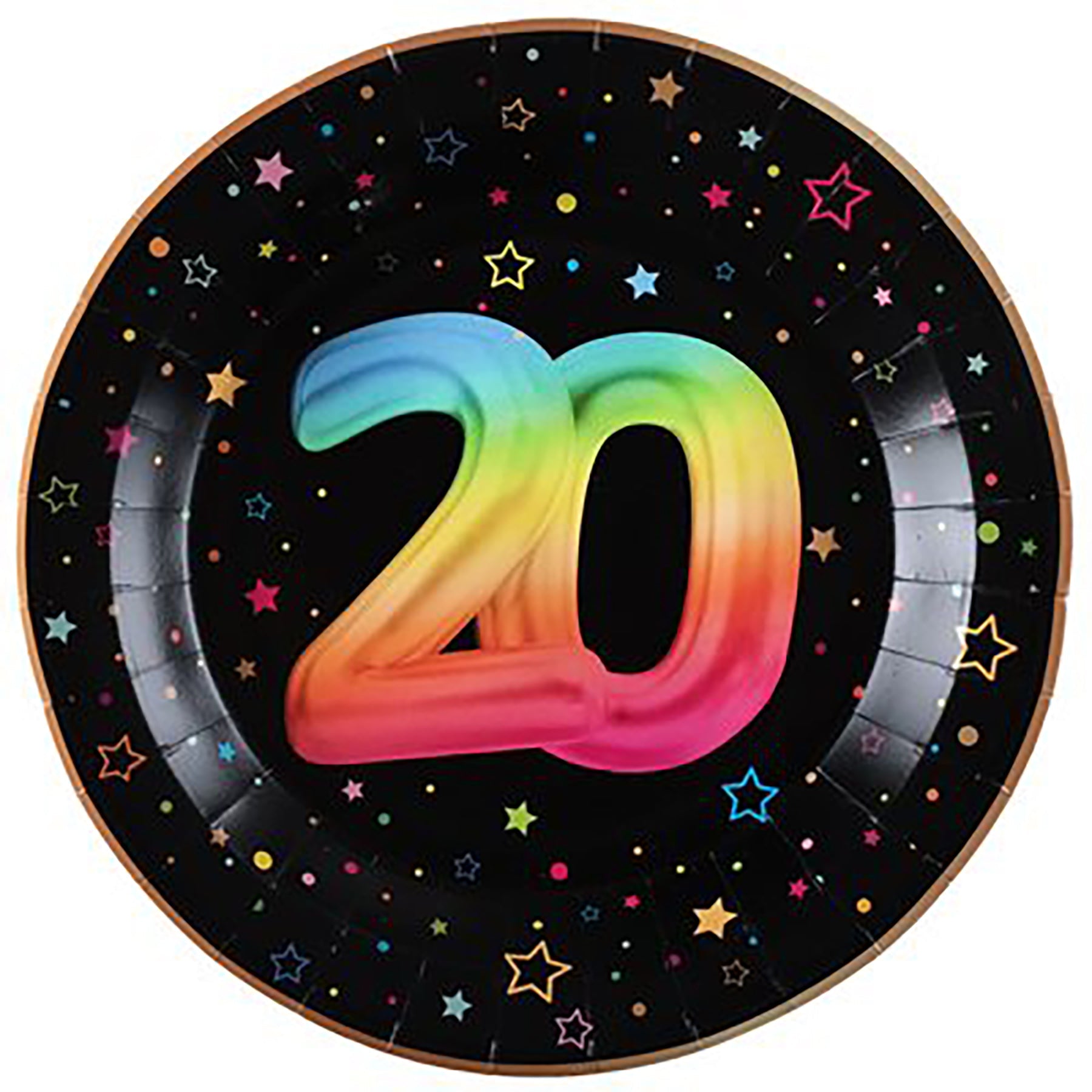 Festicolor Age 20 6 Round Paper Plates - Black Background 8.8in