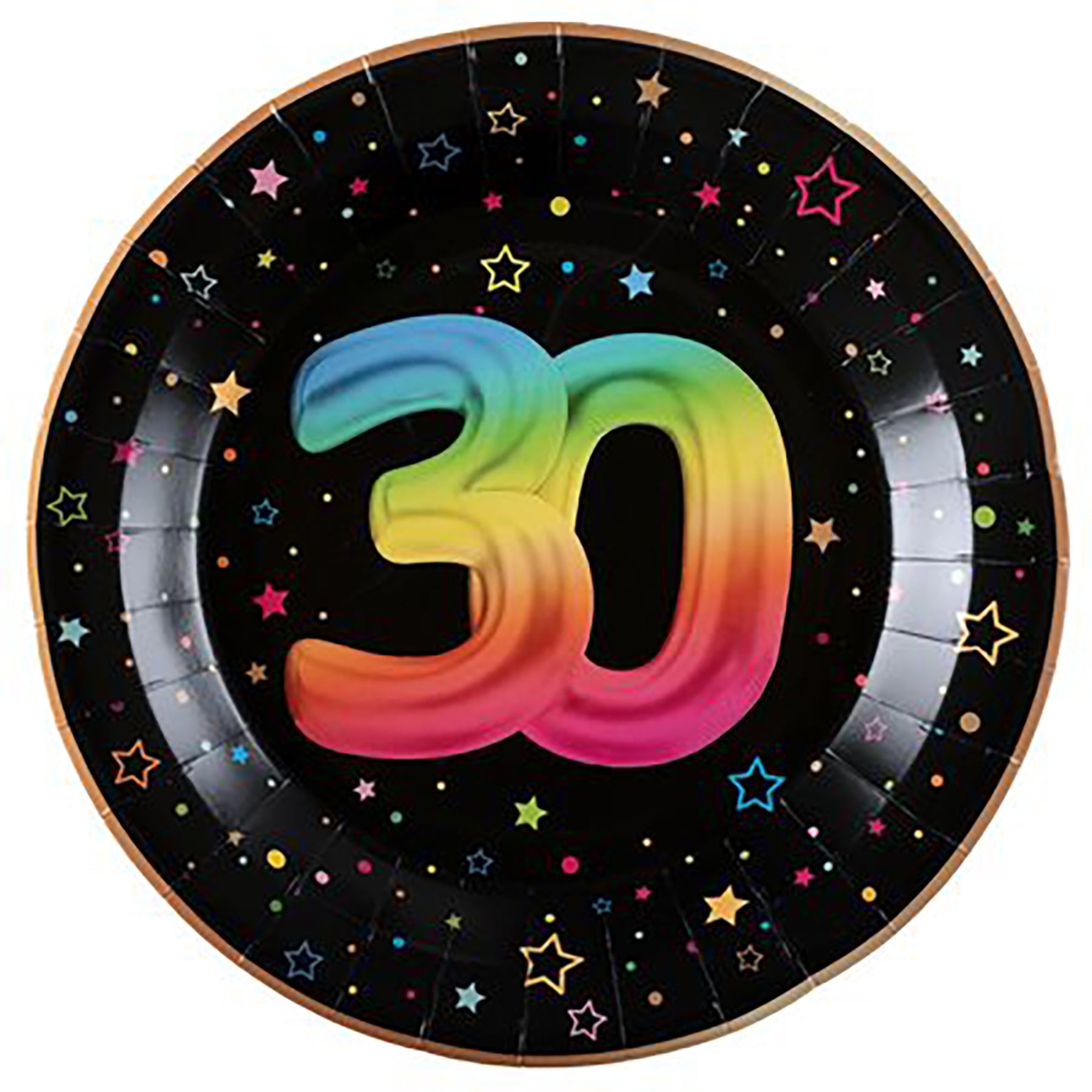 Festicolor Age 30 6 Round Paper Plates - Black Background 8.8in