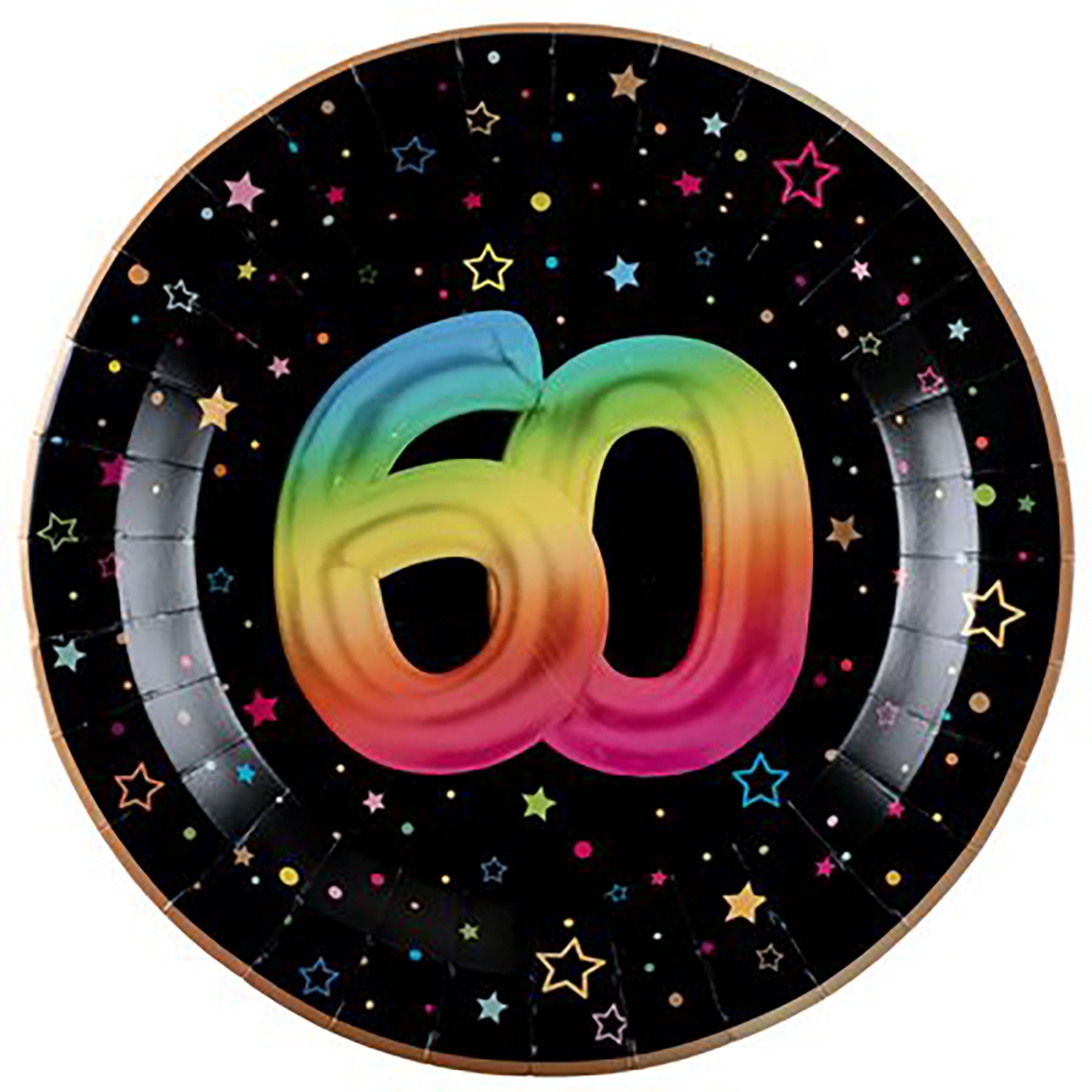 Festicolor Age 60 6 Round Paper Plates - Black Background 8.8in