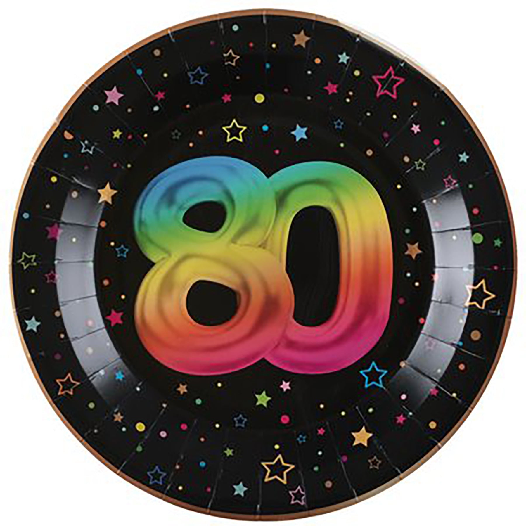 Festicolor Age 80 6 Round Paper Plates - Black Background 8.8in