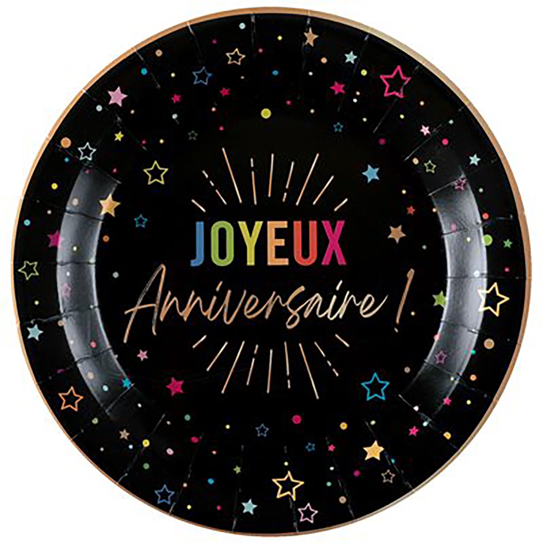 Festicolor 6 Joyeux Anniversaire Round Paper Plates - Black Background 8.8in