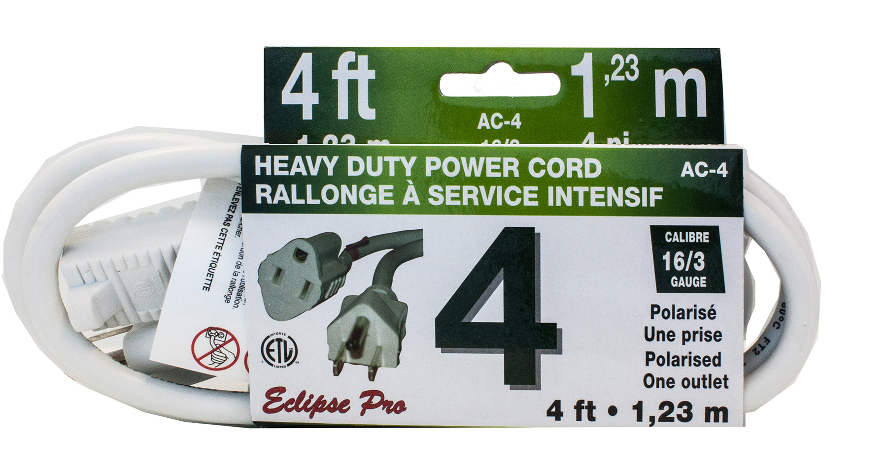 Eclipse Pro Heavy Duty White Polarized One Outlet Power Cord 4ft (1.23m)