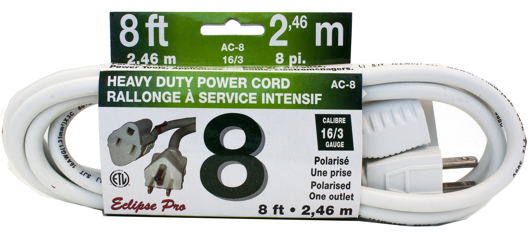 Eclipse Pro Heavy Duty White Polarized One Outlet Power Cord 8ft (2.46m)