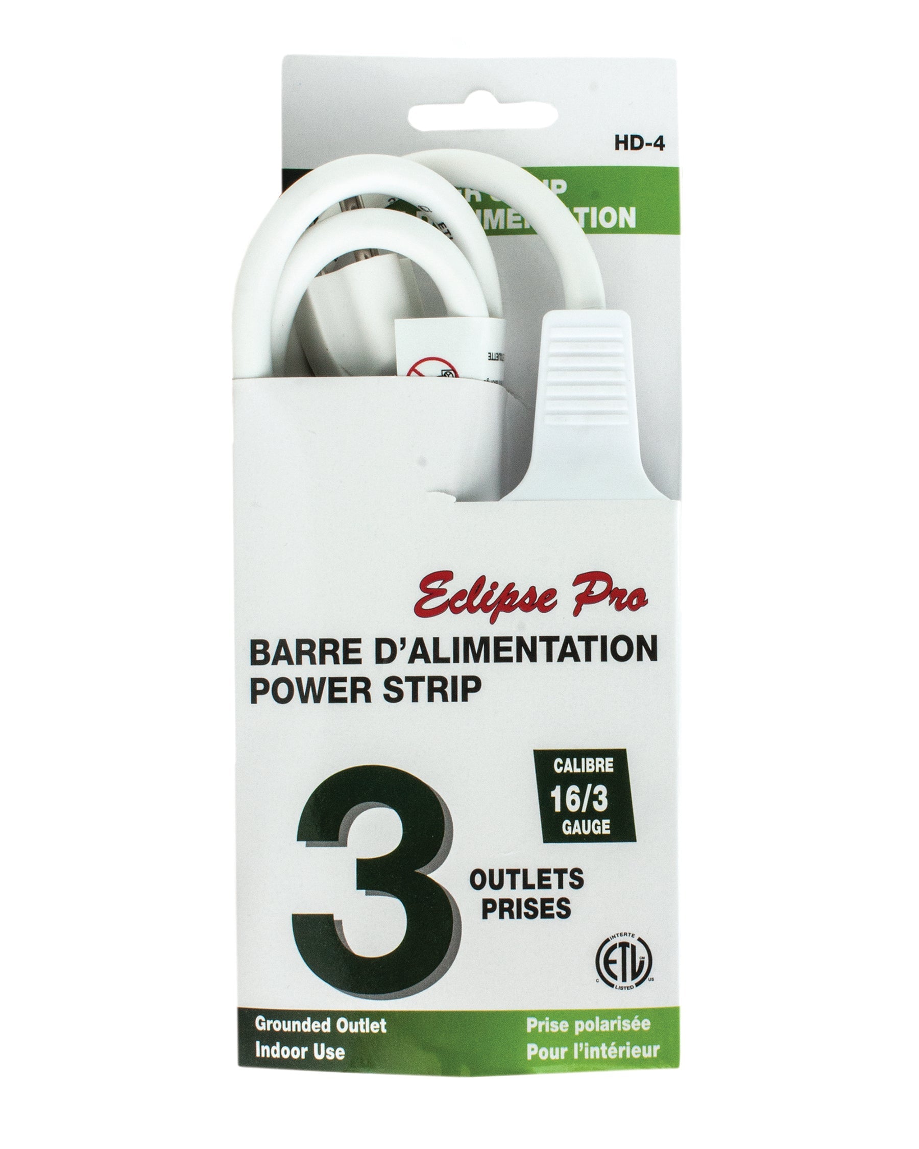 Eclipse Pro White Polarized 3 Outlets Power Strip - Indoor Use 4ft (1.2m)