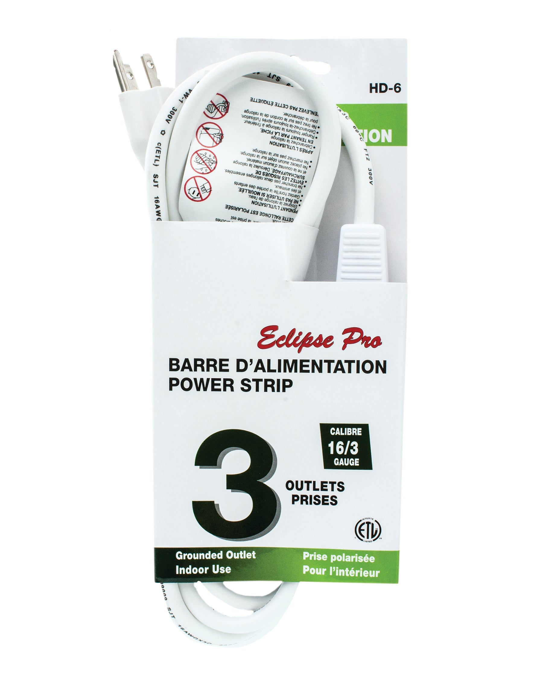 Eclipse Pro White Polarized 3 Outlets Power Strip - Indoor Use 6ft (1.85m)