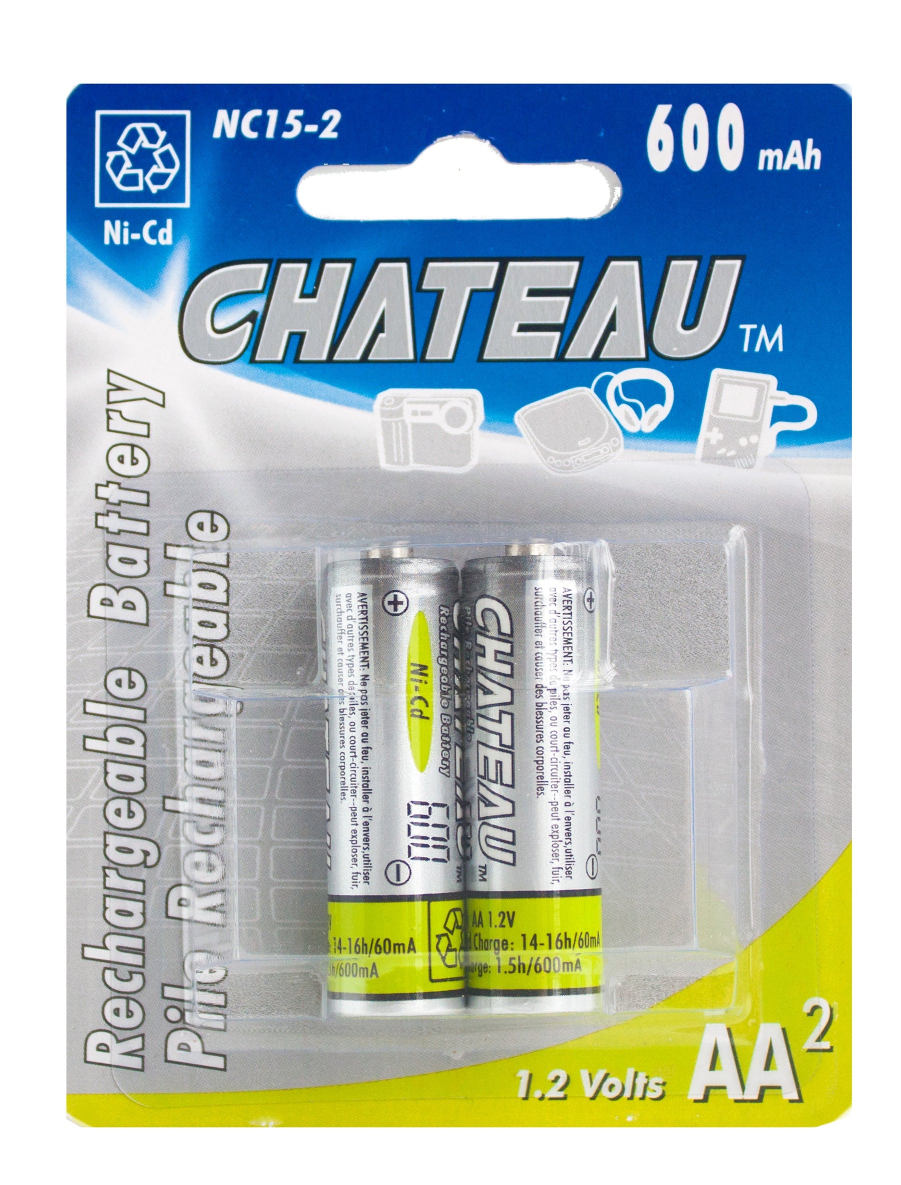 Chateau 2 Rechargeable AA Batteries 600mAh Eco Fee $0.16SUS
