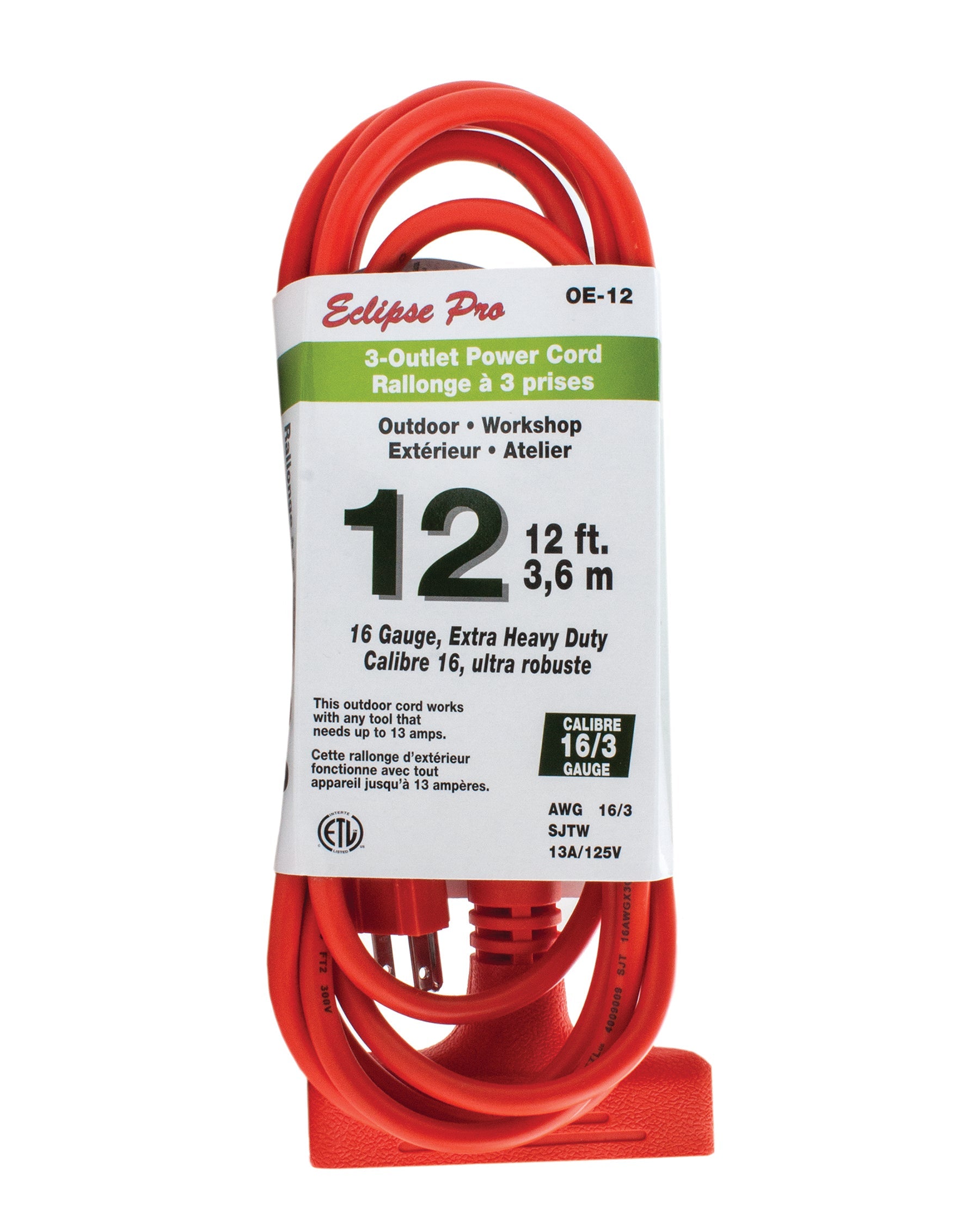 Eclipse Pro Orange 3-Outlet Power Cord - Outdoor 12ft (3.6m)