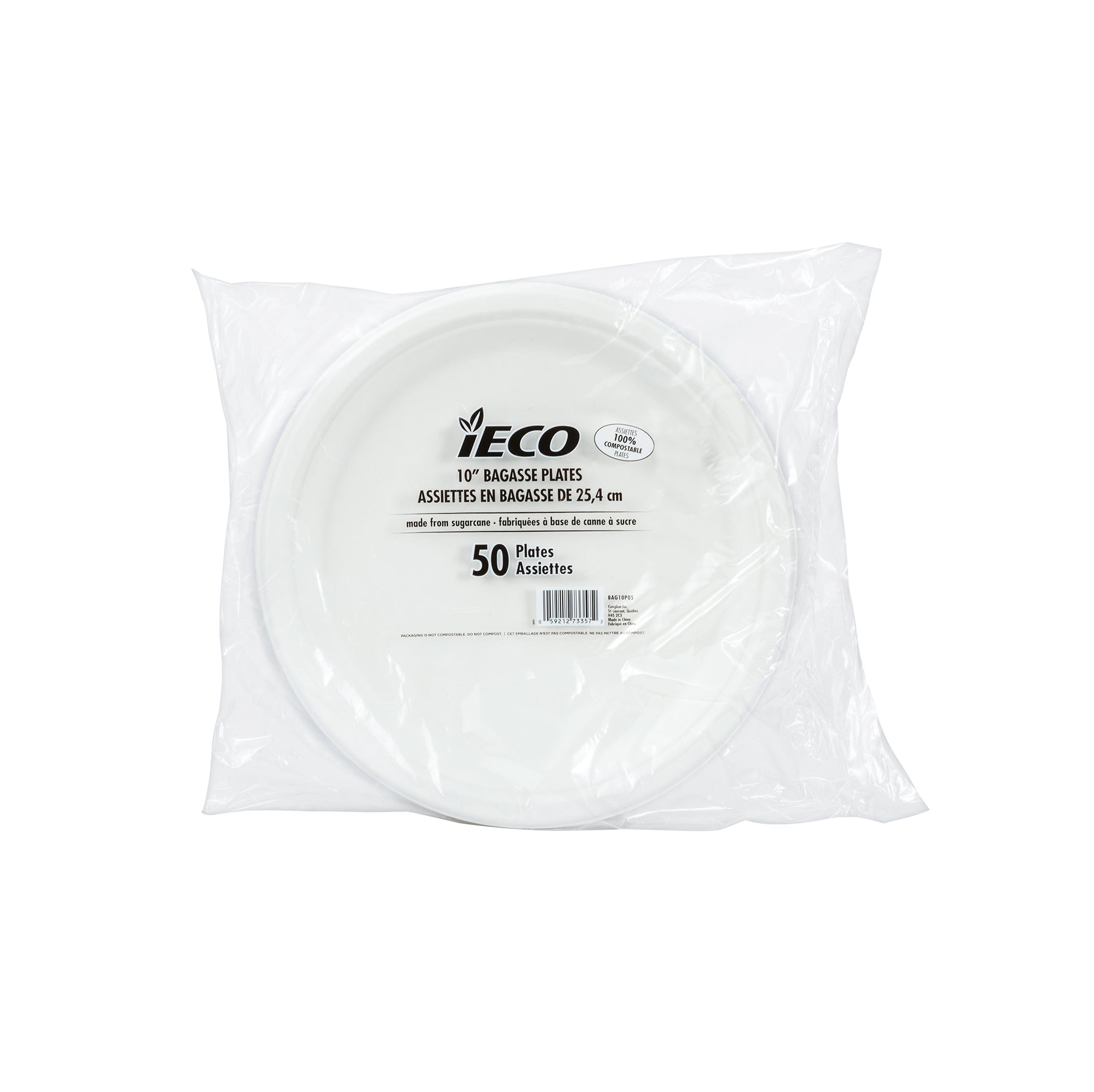 iECO 50 Round Compostable White Bagasse Plates 10in