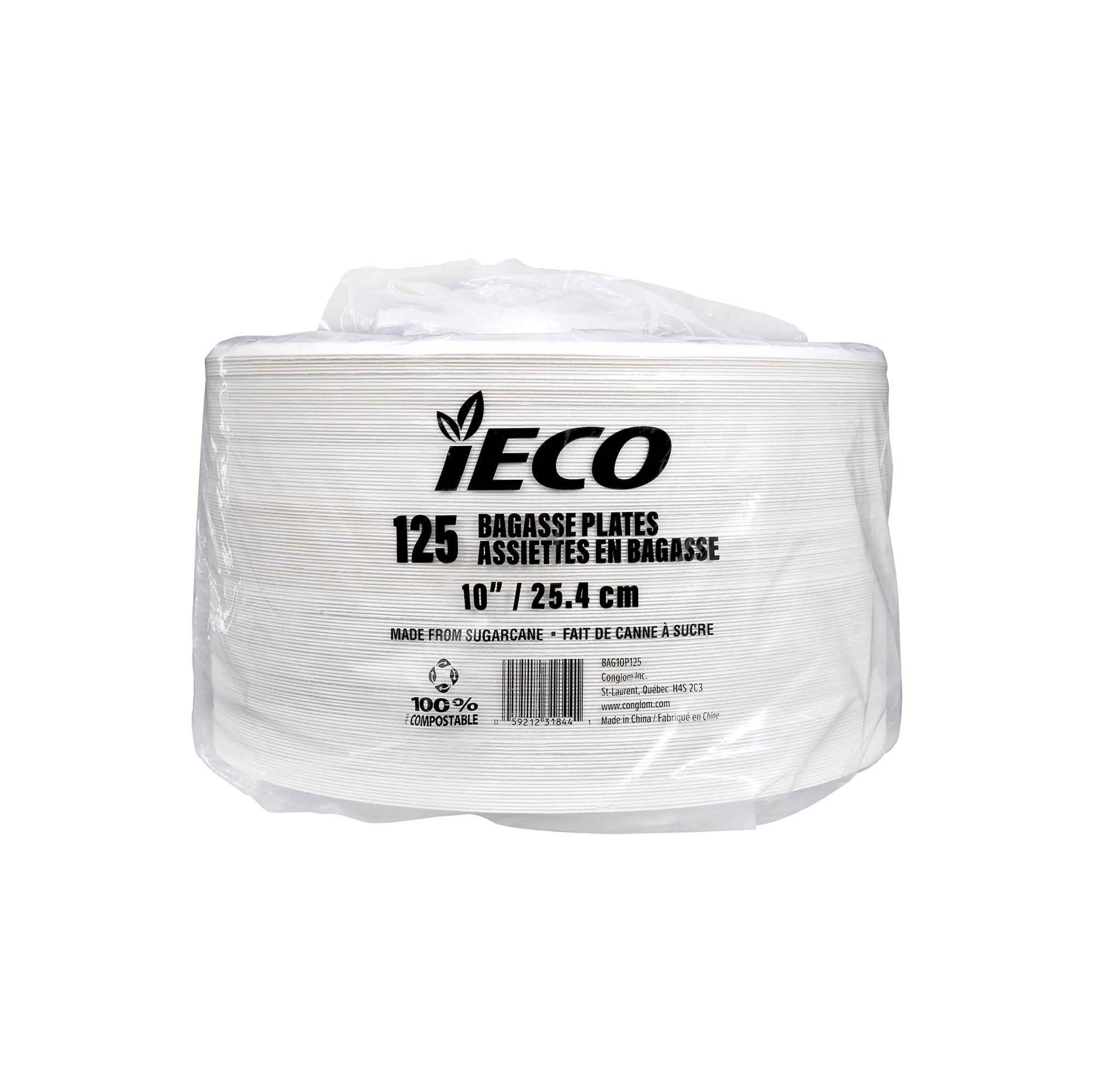 iECO 125 Round Compostable White Bagasse Plates 10in