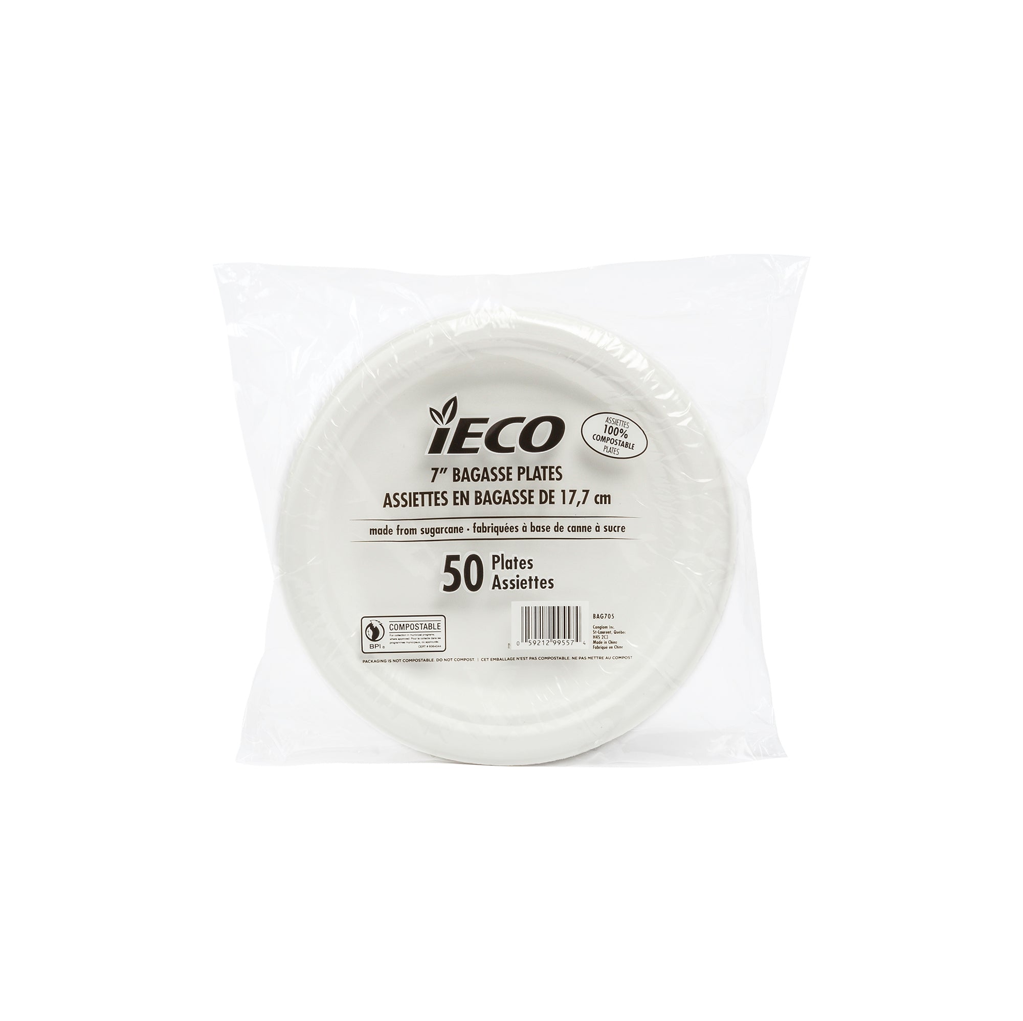 iECO 50 Round Compostable White Bagasse Plates 7in