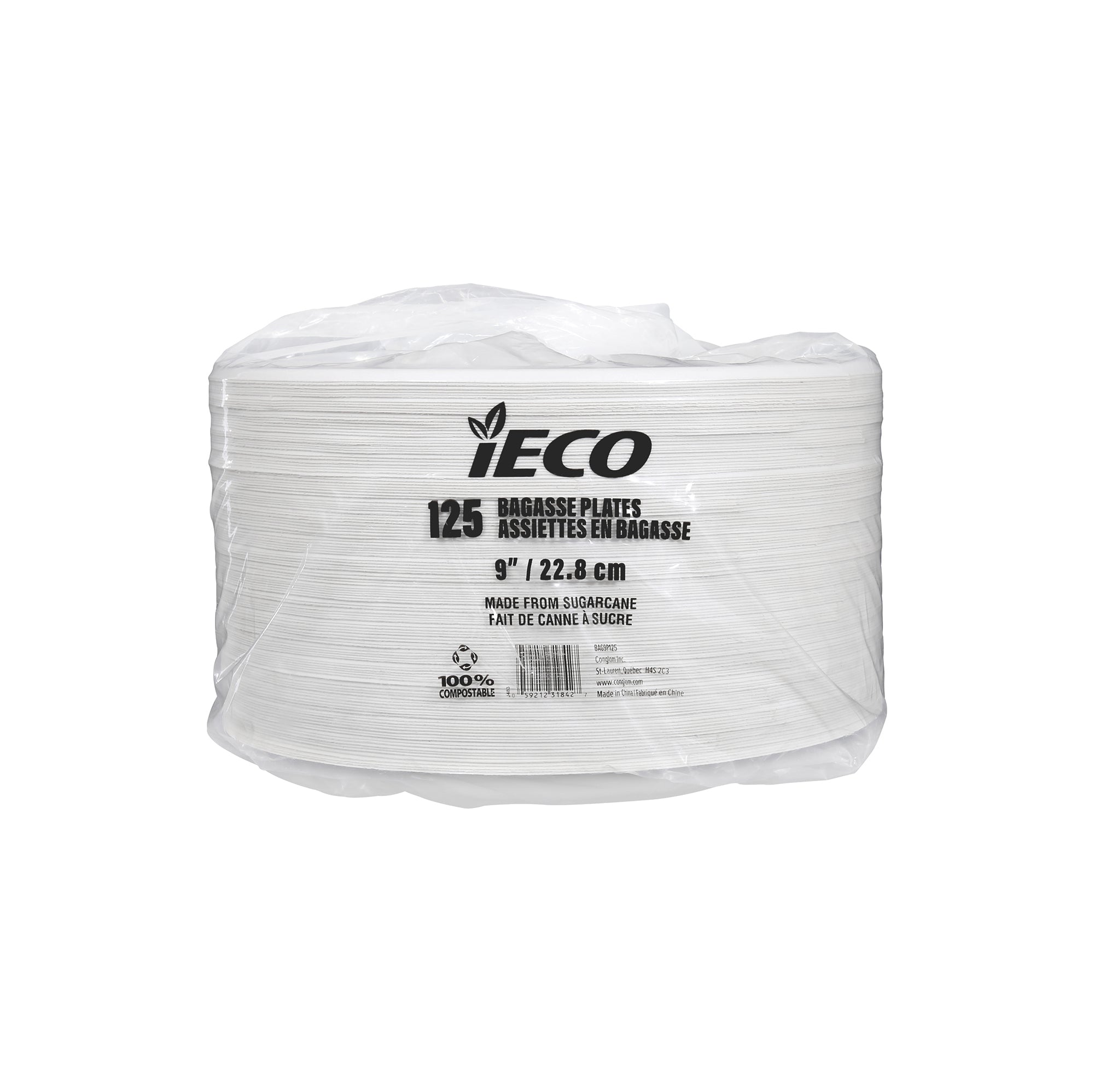 iECO 125 Round Compostable White Bagasse Plates 9in