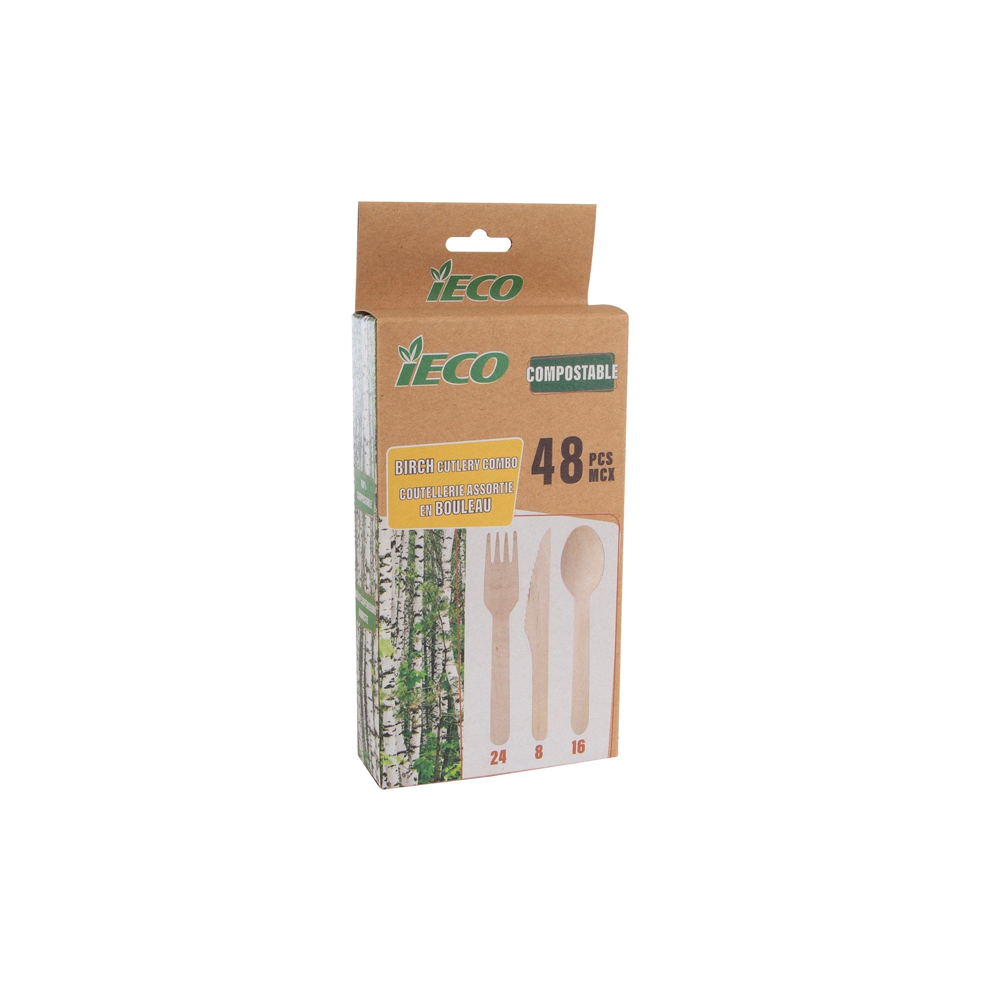 iECO 48pcs Compostable Birch Wood Cutlery