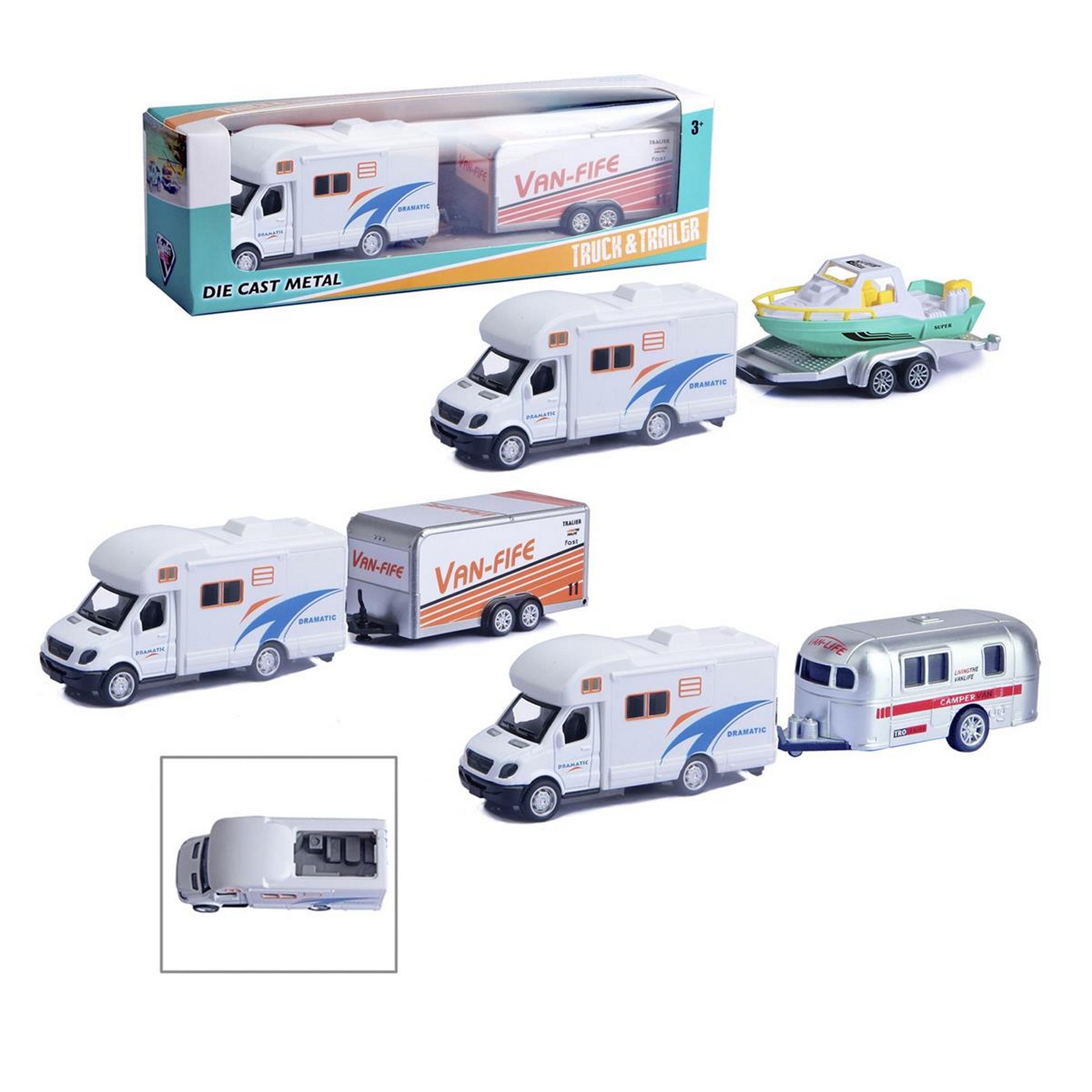 1:38 Die Cast Metal Pull Back RV with Trailer - Plastic Part VRT