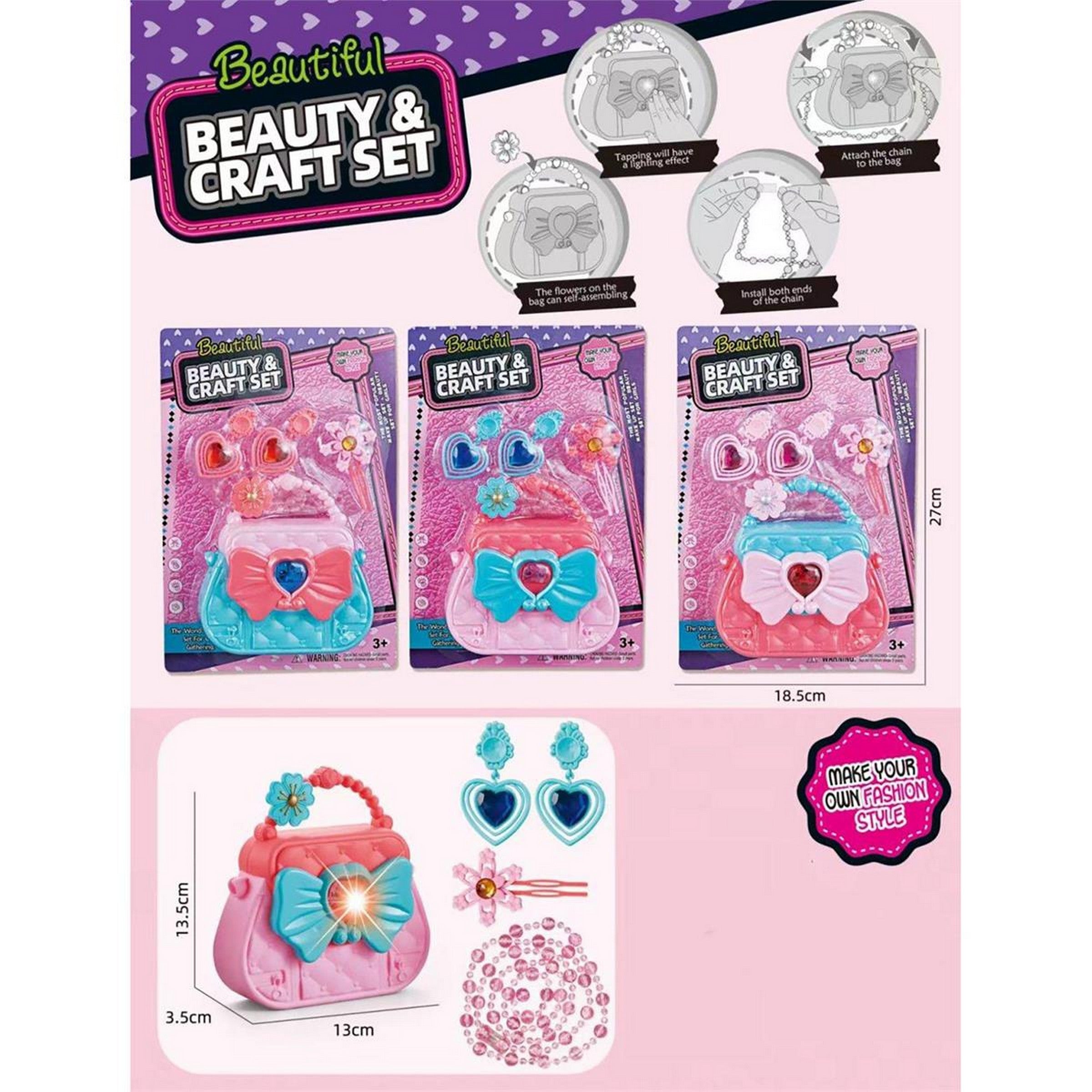 Handbag and Jewelry Playset with Light 5pcs - 3 AG3 Batteries Included Age 3+ 5x5.4x2in Handbag VRT
