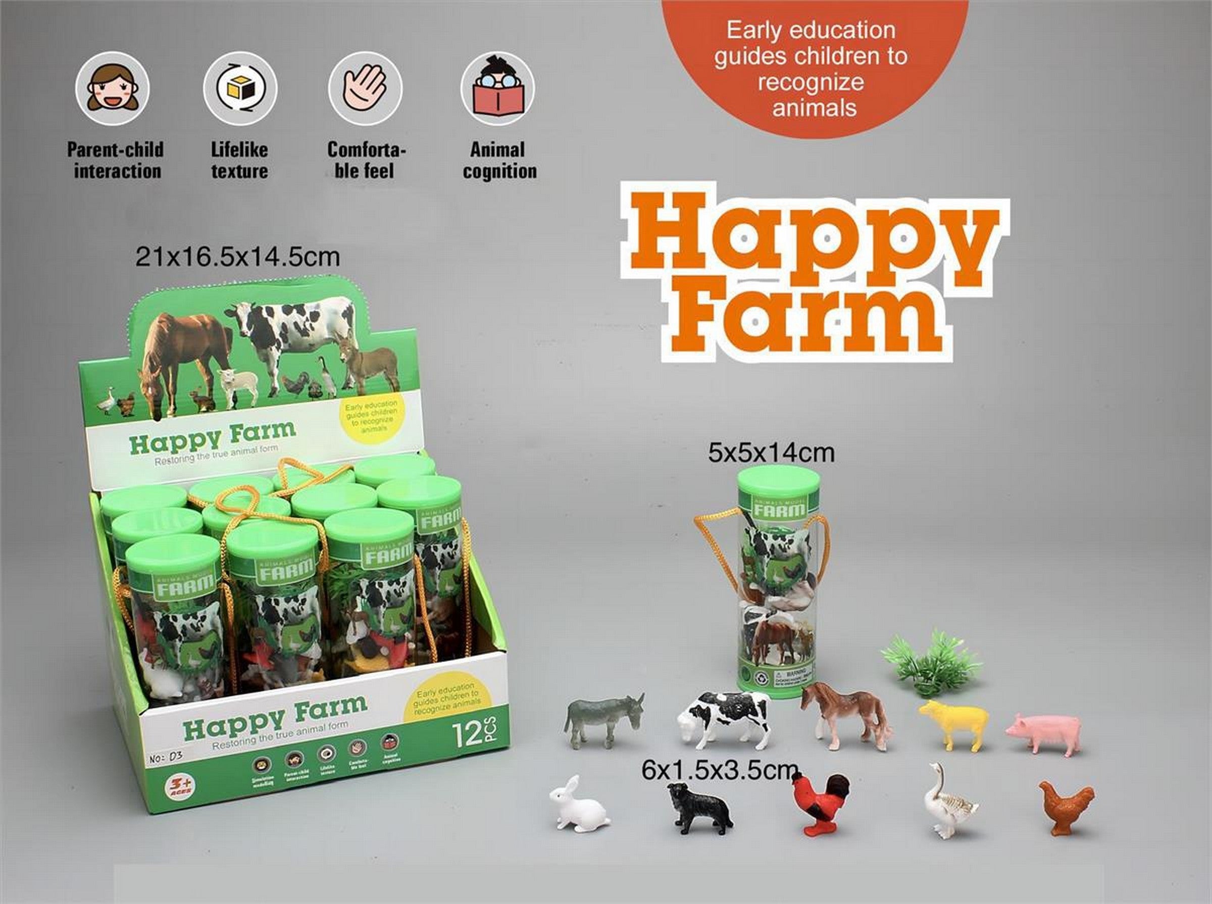 Happy Farm Animal Figurines in Tube 9pcs 2.4in Age 3+