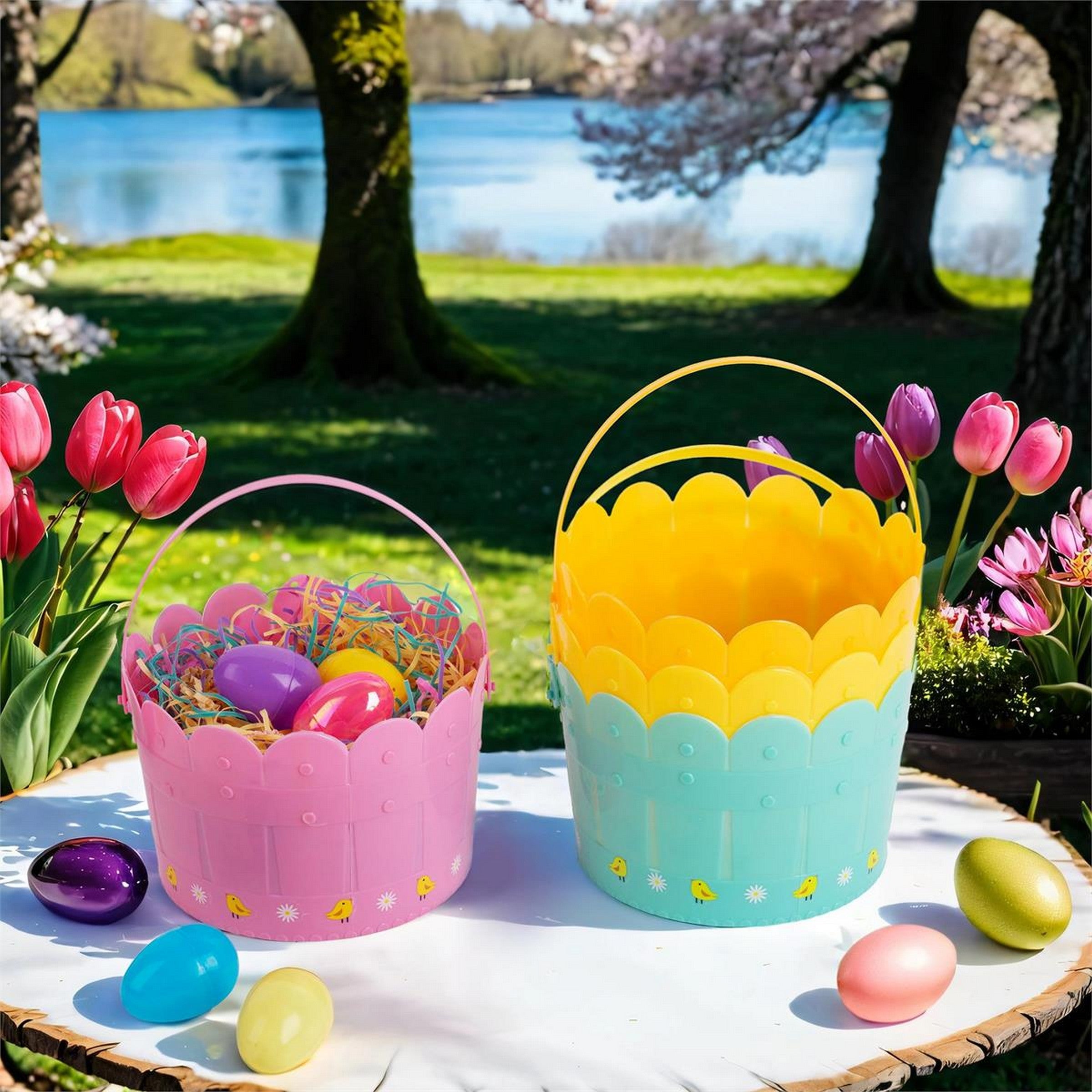 Easter Printed Plastic Basket with Handle 7in dia x 5in H VRT