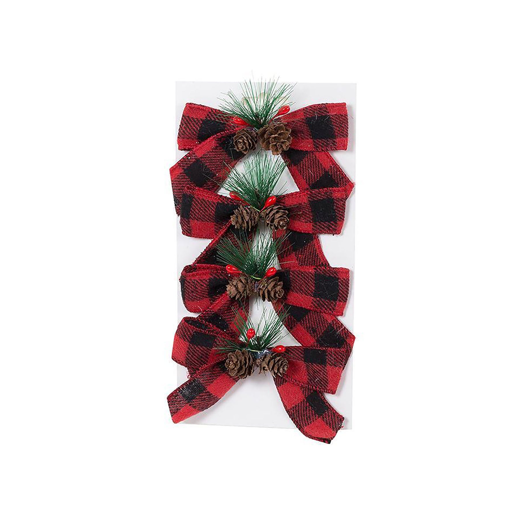 Santa's Secrets 4 Mini PVC Buffalo Plaid Bows with Pinecones 4.5x2.5in