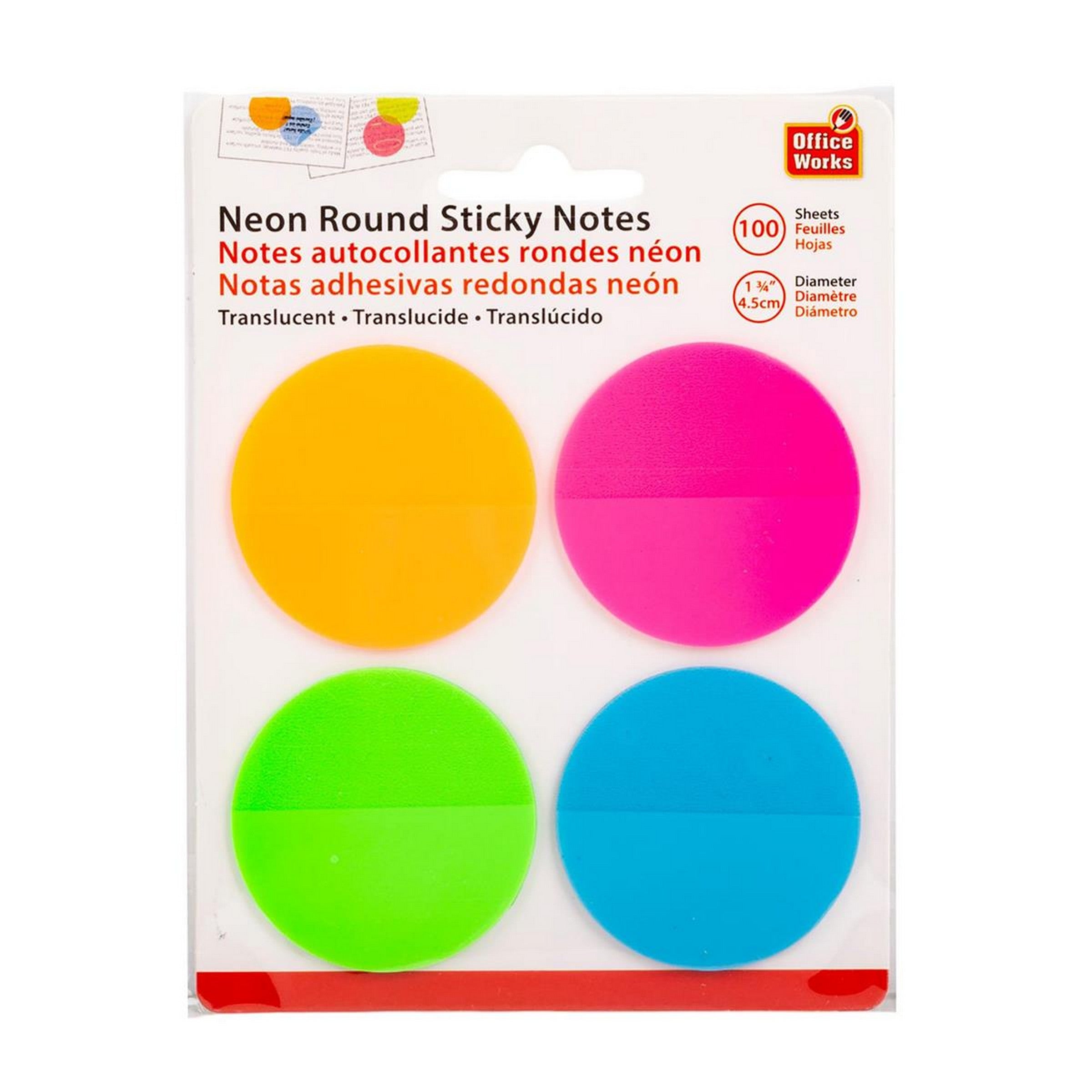 Office Works Neon See Through Round Sticky Notes 100 Sheets 1.75in Dia.