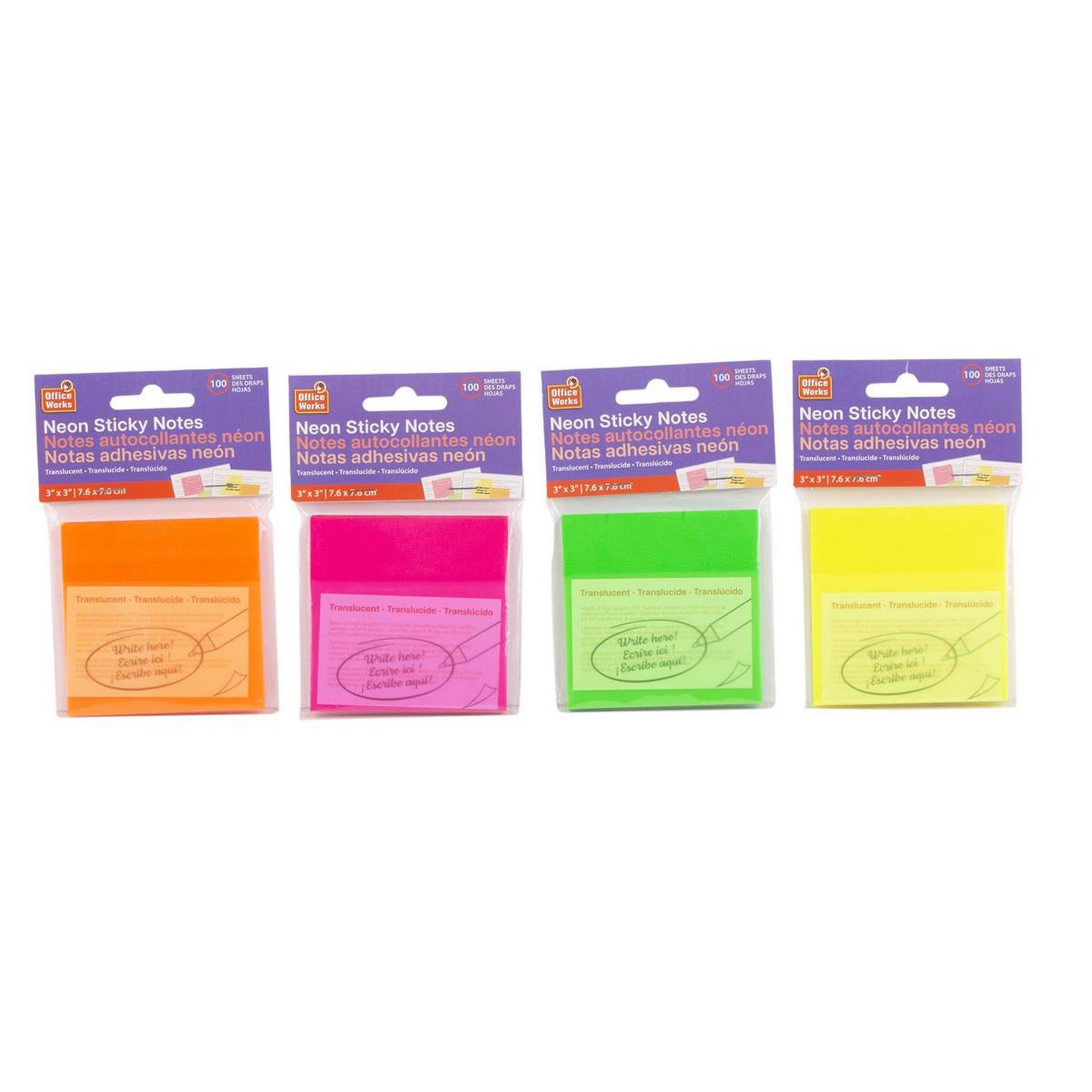 Office Works 100 Neon See Through Sticky Notes 3x3in VRT