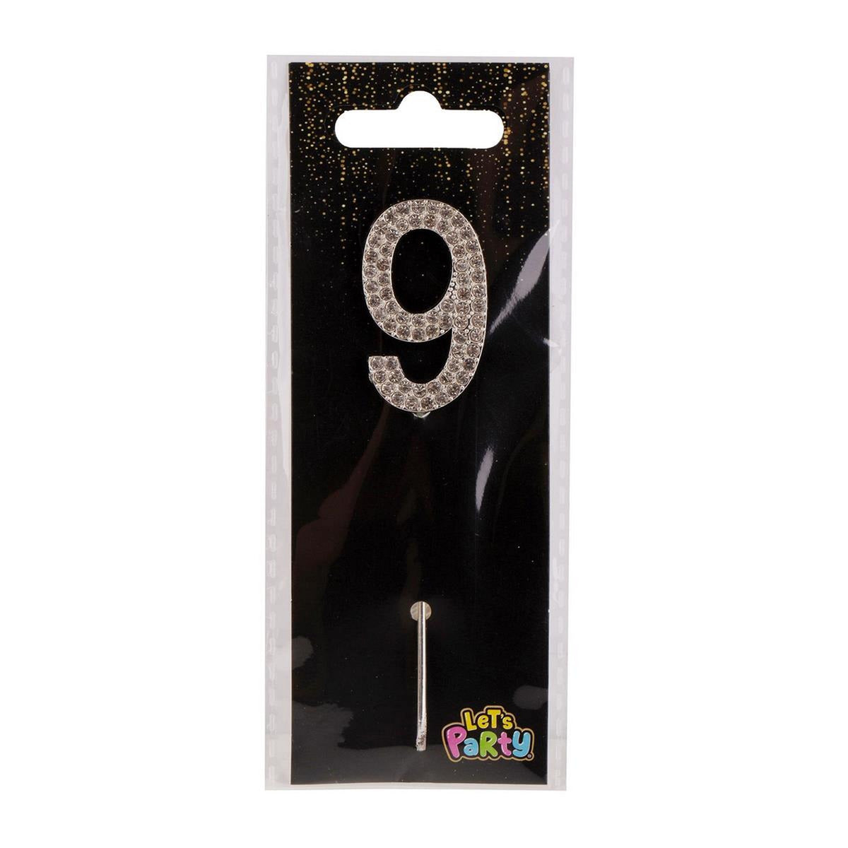 Let's Party #9 Rhinestone Numeral Cake Topper Silver 1.5in