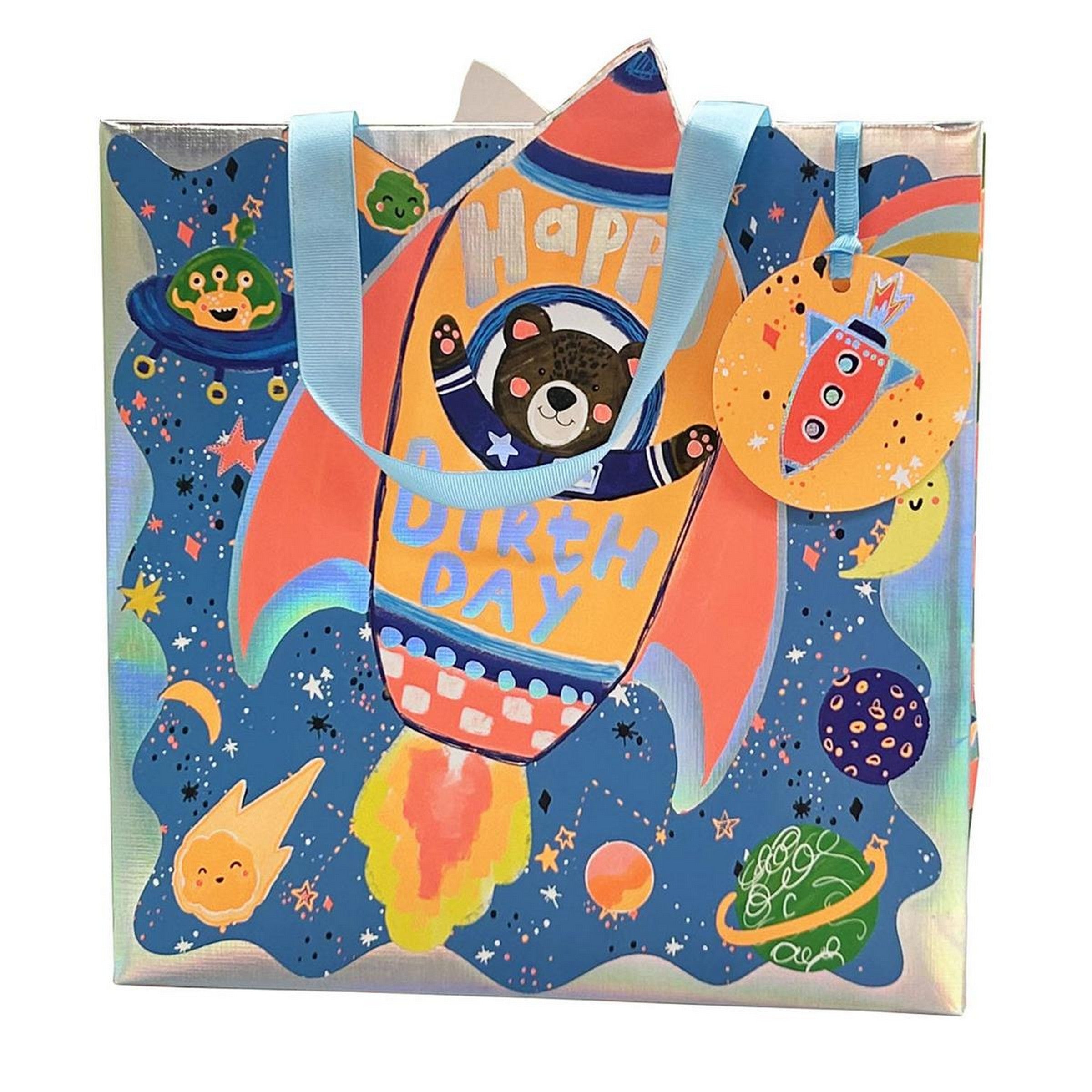 Paper Trendz Matte/Neon Gift Bag with Silver Accent - Birthday Space Square 8x8in