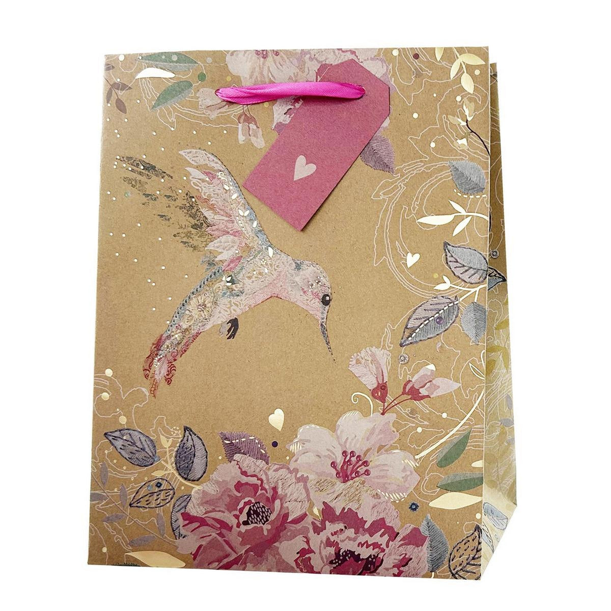 Paper Trendz Kraft Gift Bag with Metallic Accent - Hummingbird Medium 7W x9H x3.9D in