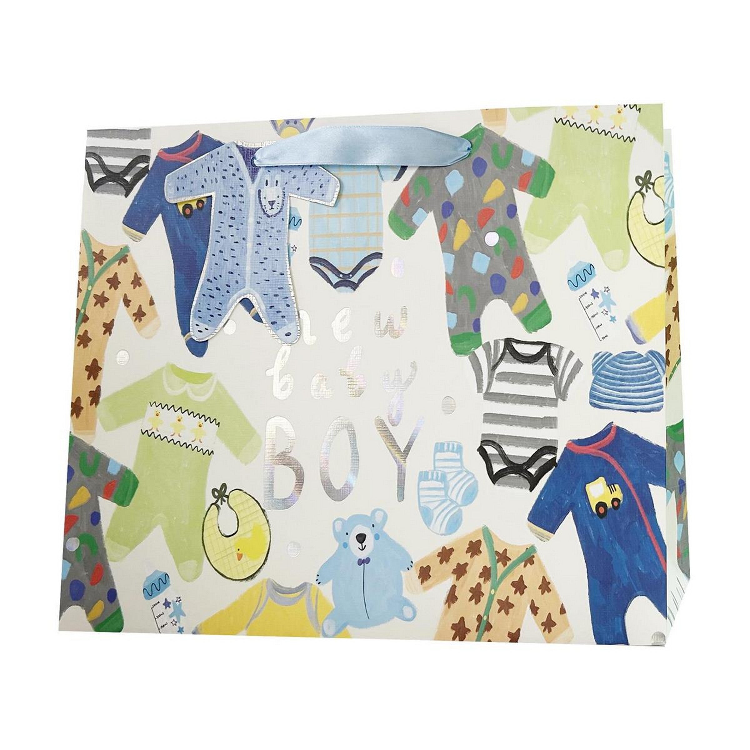 Paper Trendz Matte Gift Bag with Silver Accent - Baby Boy Large Horizontal 12.6W x10.2H x5D in