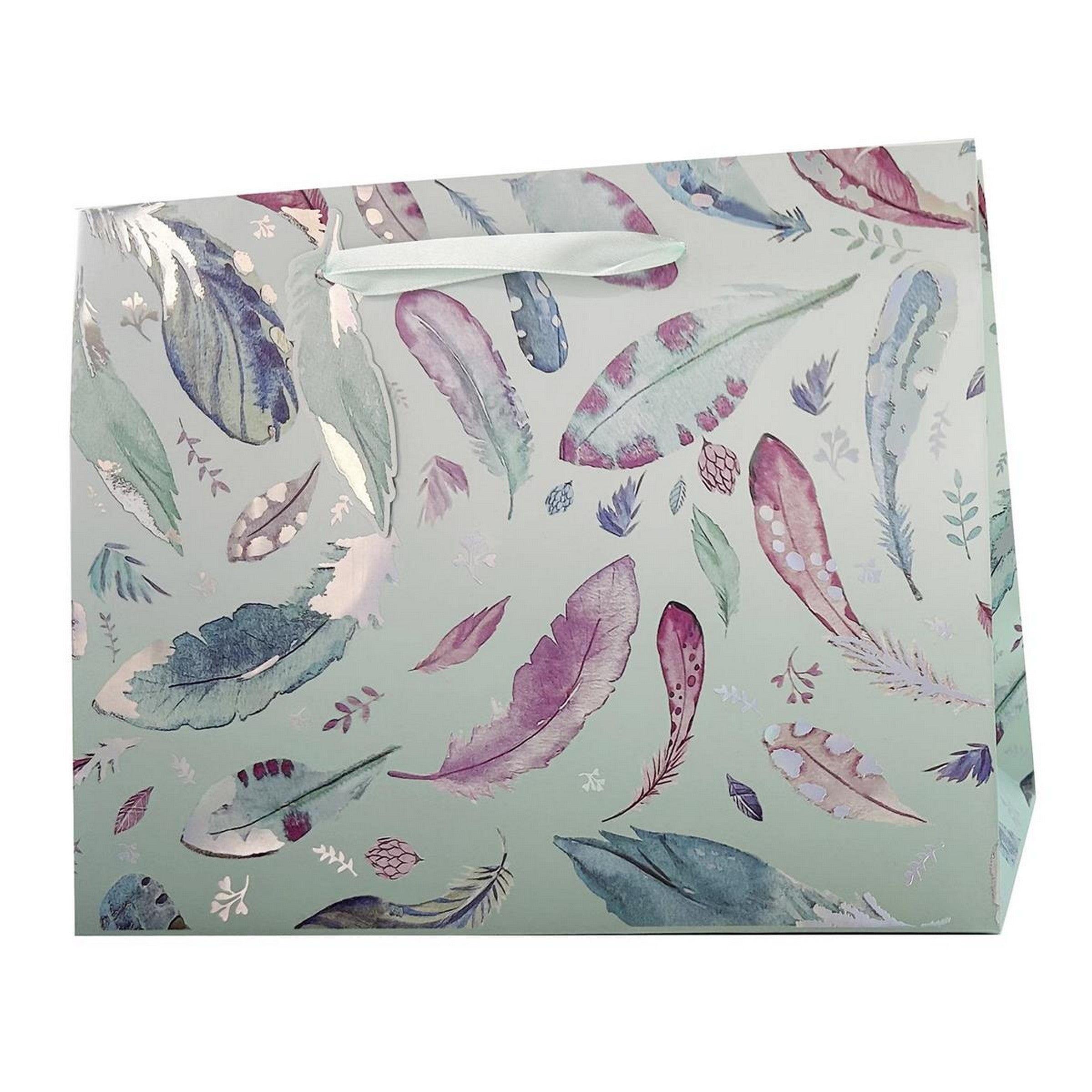Paper Trendz Matte Gift Bag with Silver Accent - Feathers Medium Horizontal 9W x7H x3.9D in