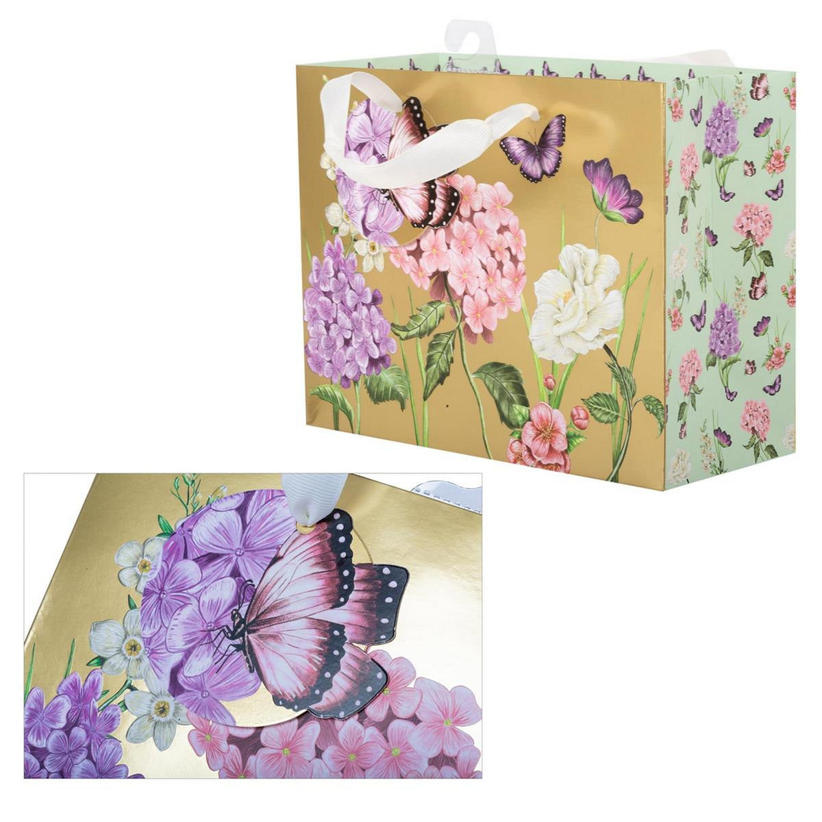 Paper Trendz Gold Gift Bag with Matte Flowers Medium Horizontal 9W x7H x3.9D in