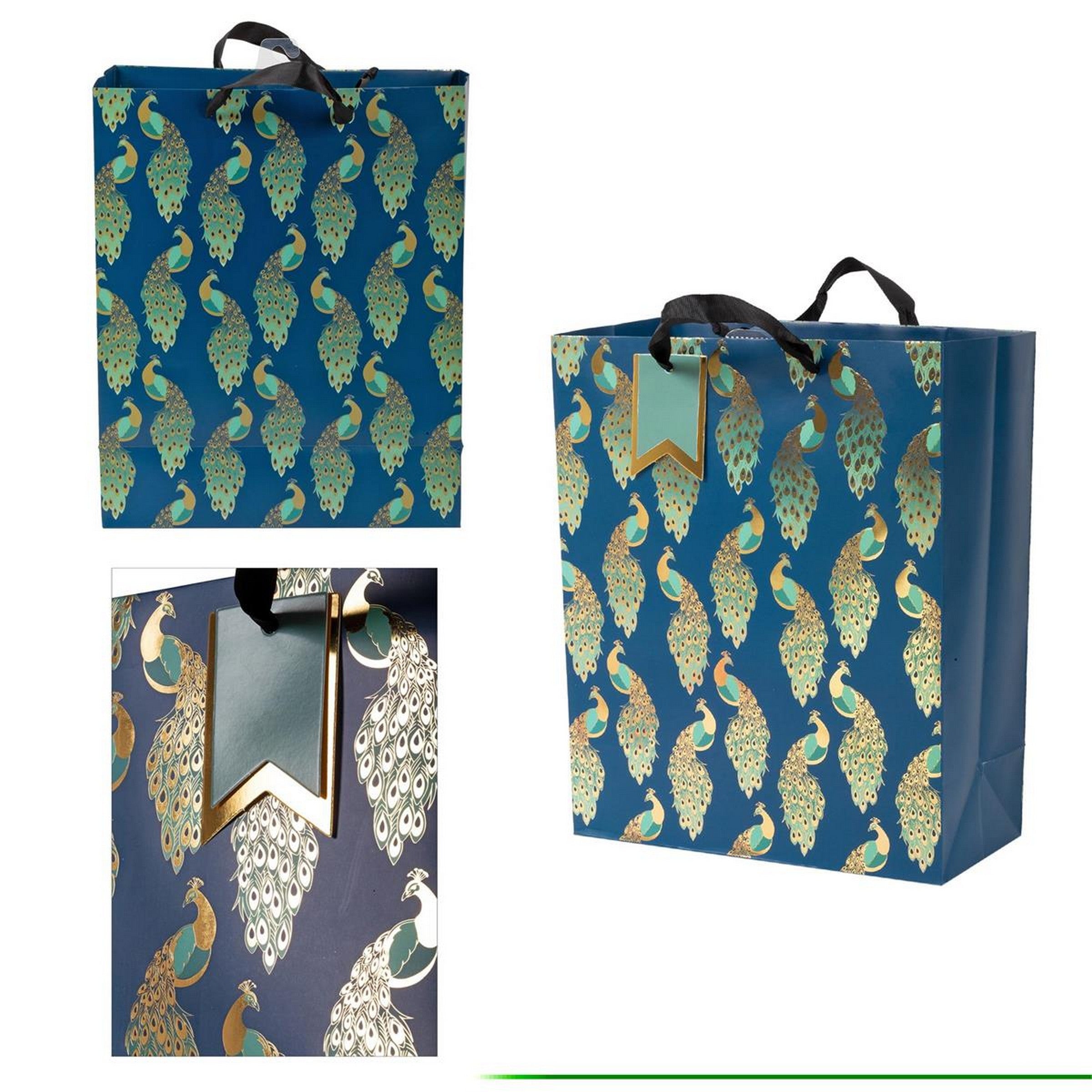Paper Trendz Matte Gift Bag with Gold Accent - Peacock Large 10.2W x12.6H x5D in