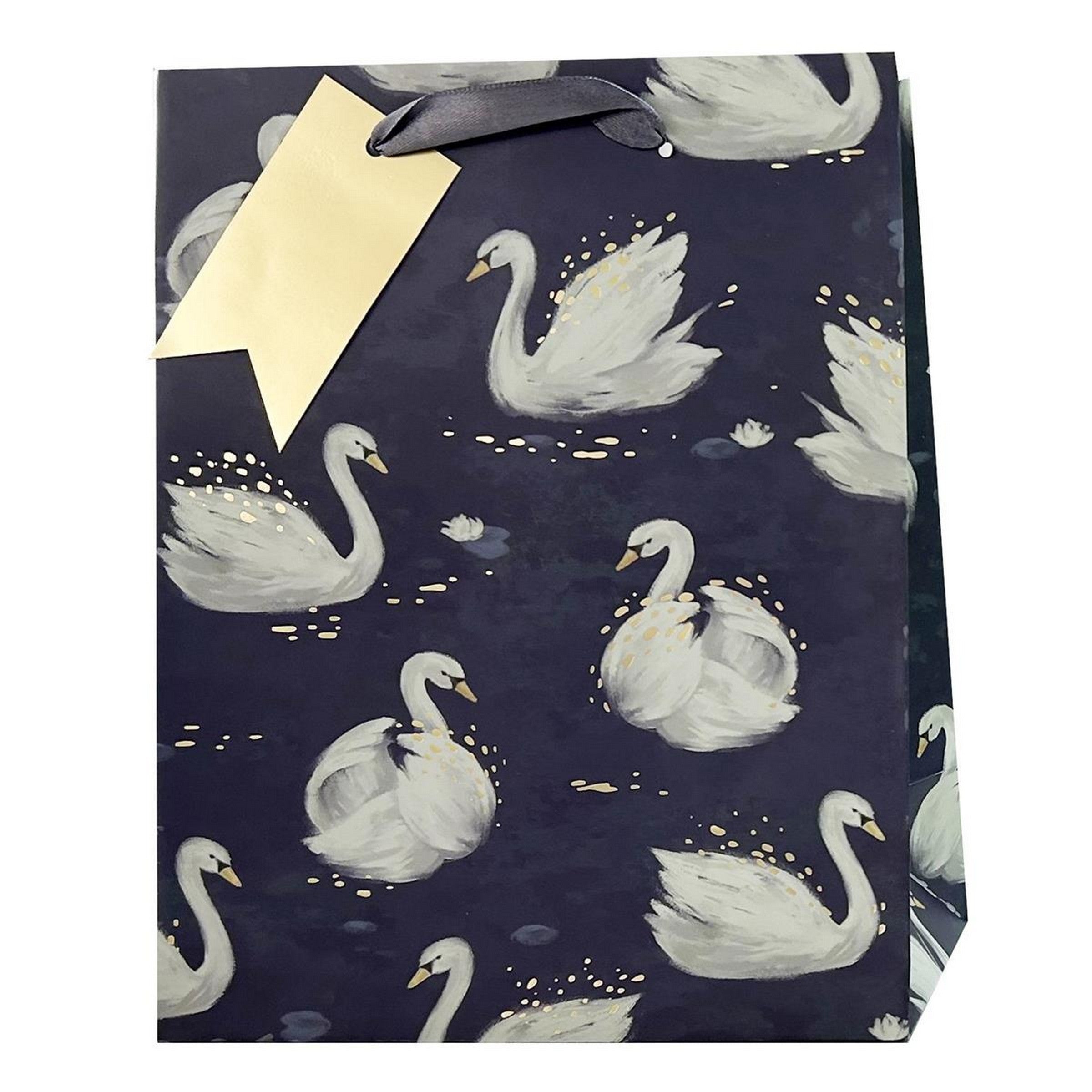 Paper Trendz Matte Gift Bag with Gold Accent - Swans Medium 7W x9H x3.9D in