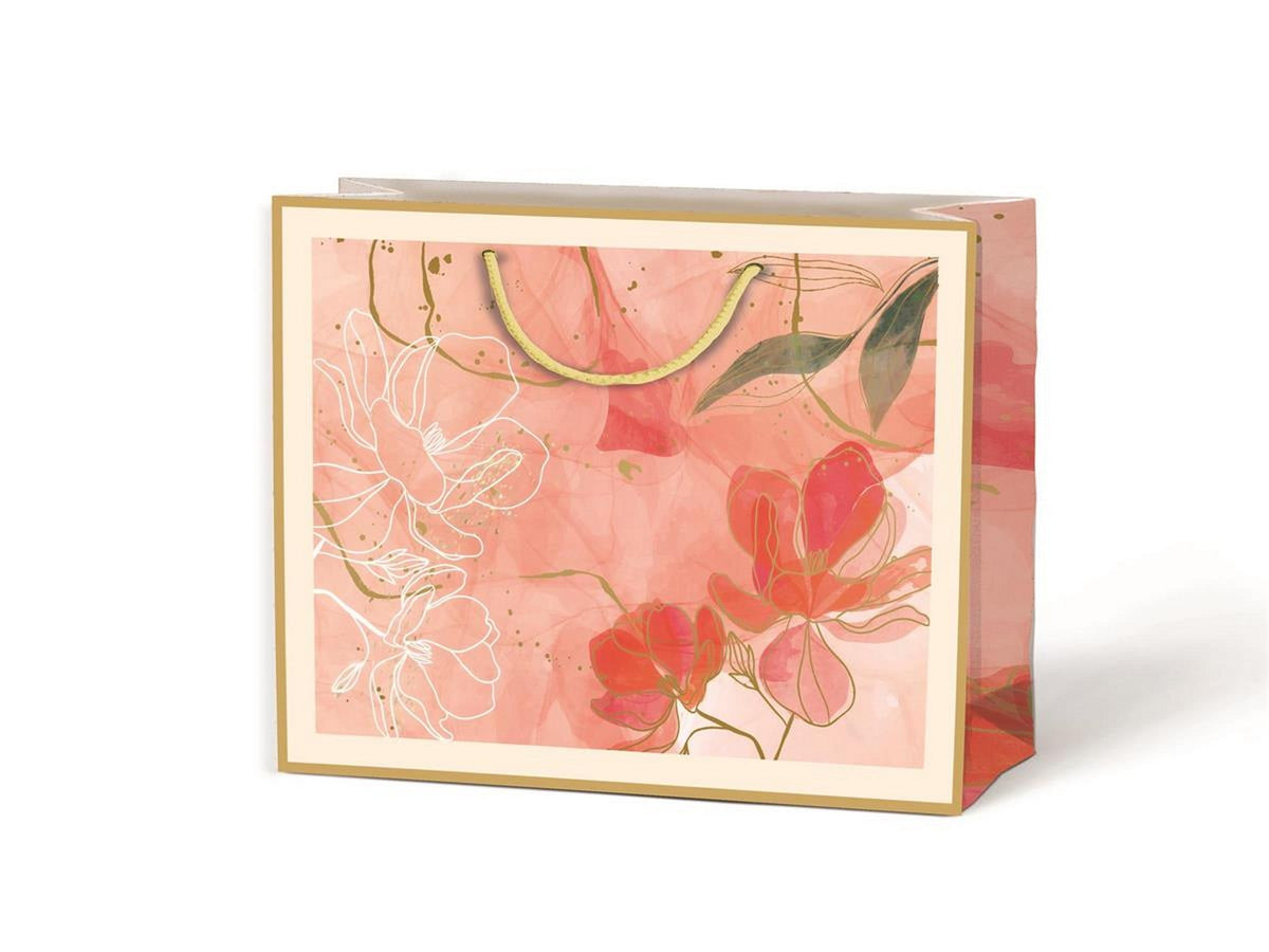 Paper Trendz Matte Gift Bag with Gold Accent - Peach Floral Small Horizontal 5.5W x 4.3H x 2.4D in