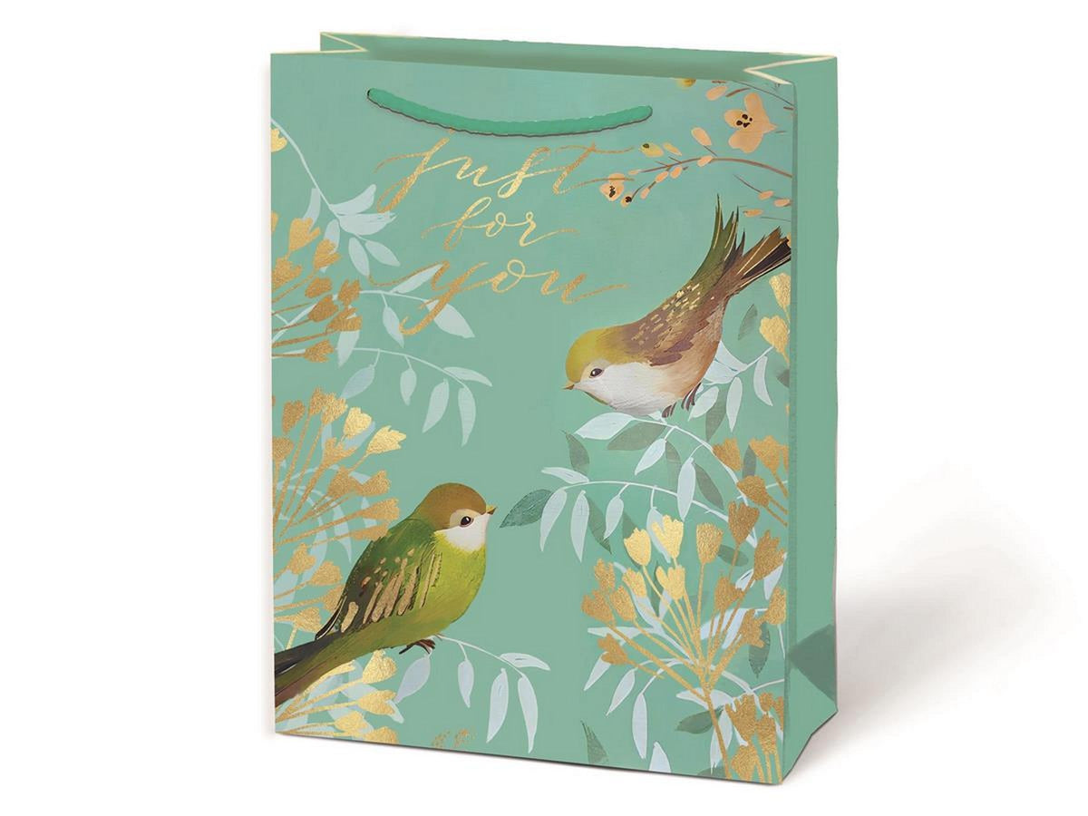 Paper Trendz Matte Gift Bag with Gold Accent - "Just for You" Birds Medium 7W x9H x3.9D in