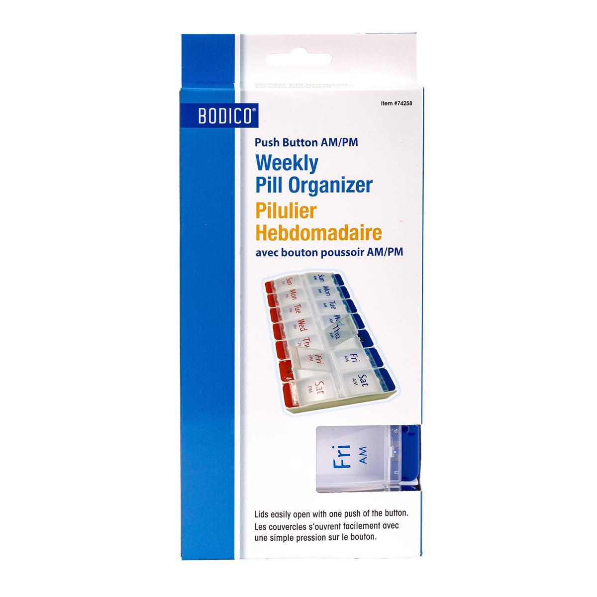 Bodico Weekly Pill Organizer Push Button AM/PM 9x4.5x1in