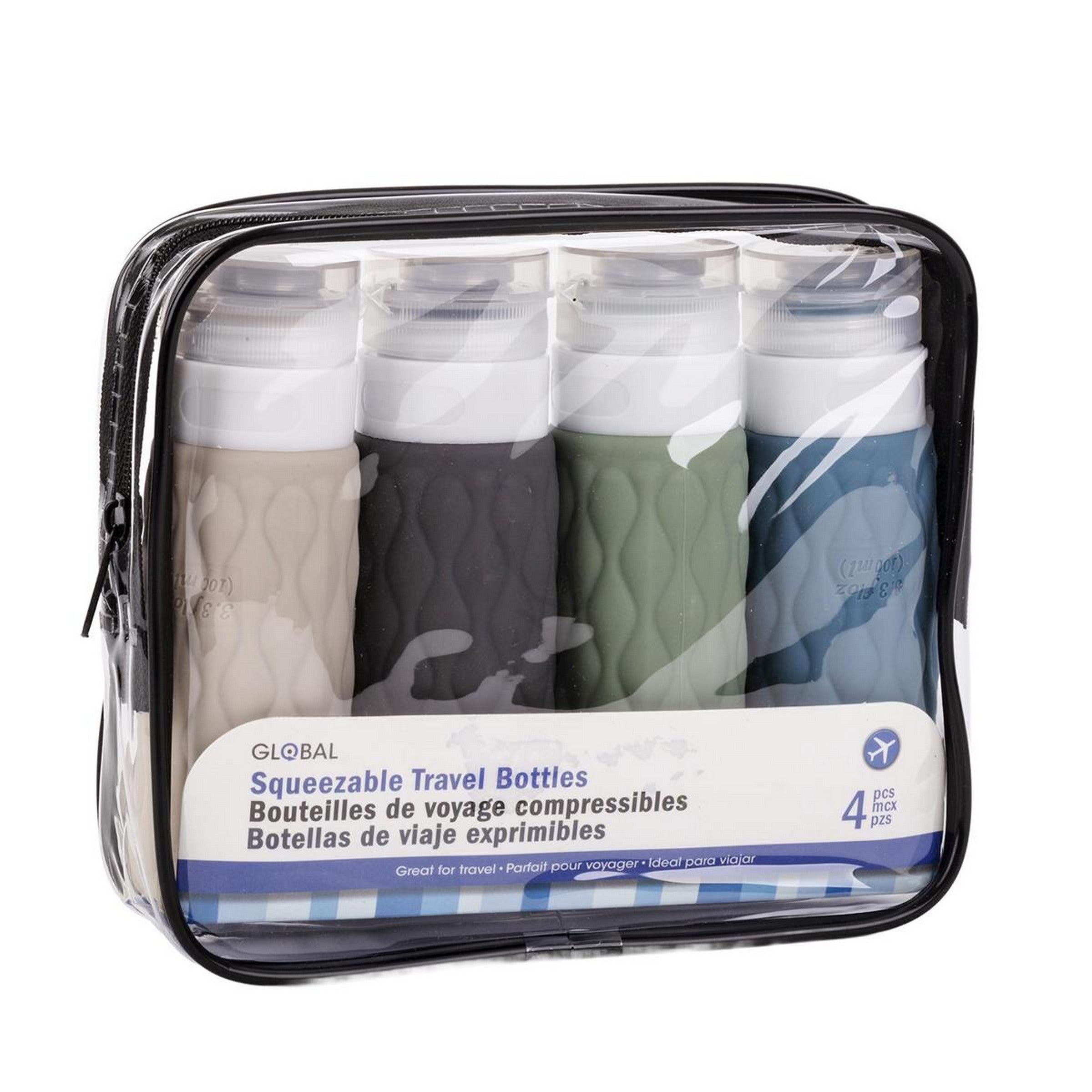 Global 4 Squeezable Travel Tubes in Clear Pouch 100ml each