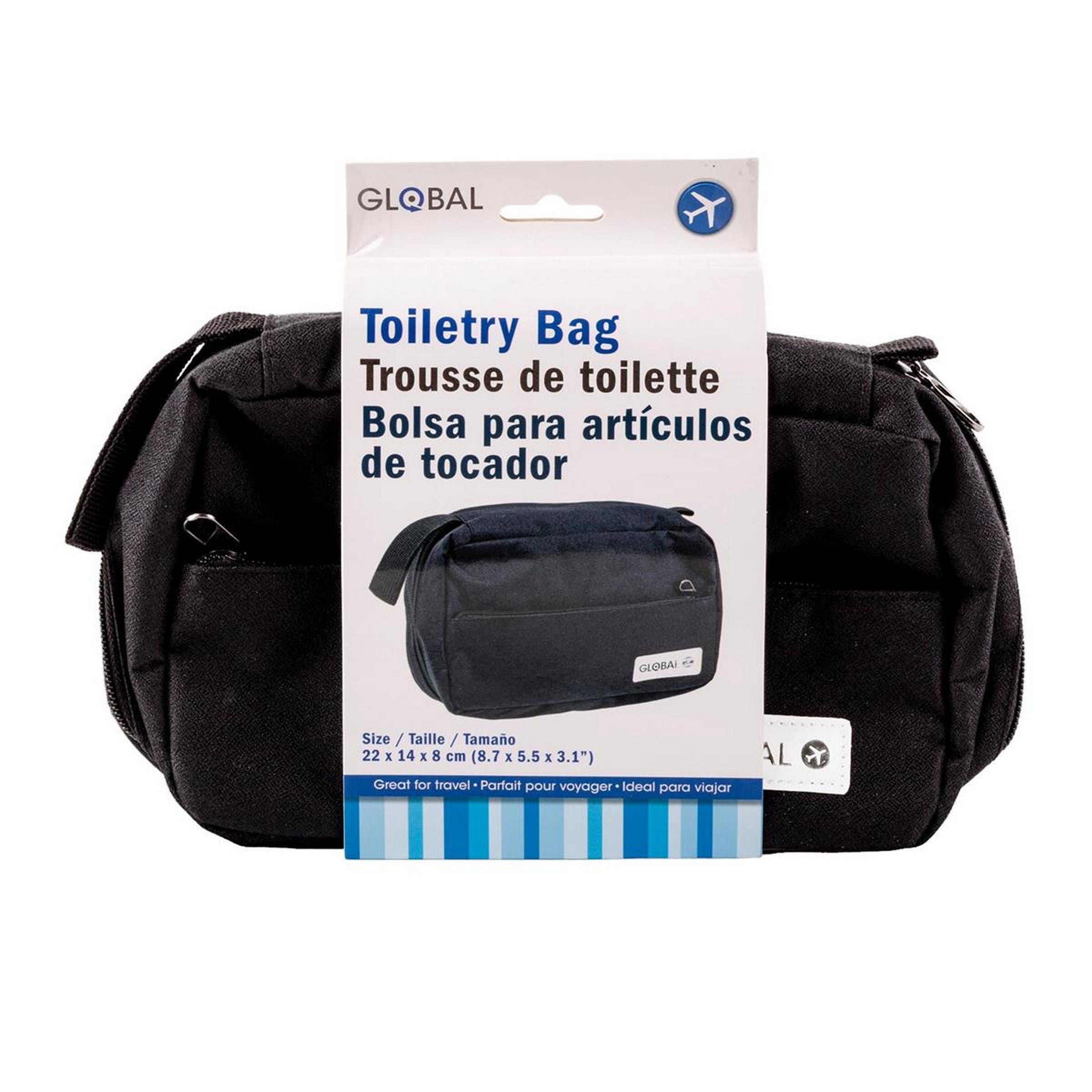 Global 4-section Black Toiletry Bag - 100% Polyester 8.7x5.5x3.1in