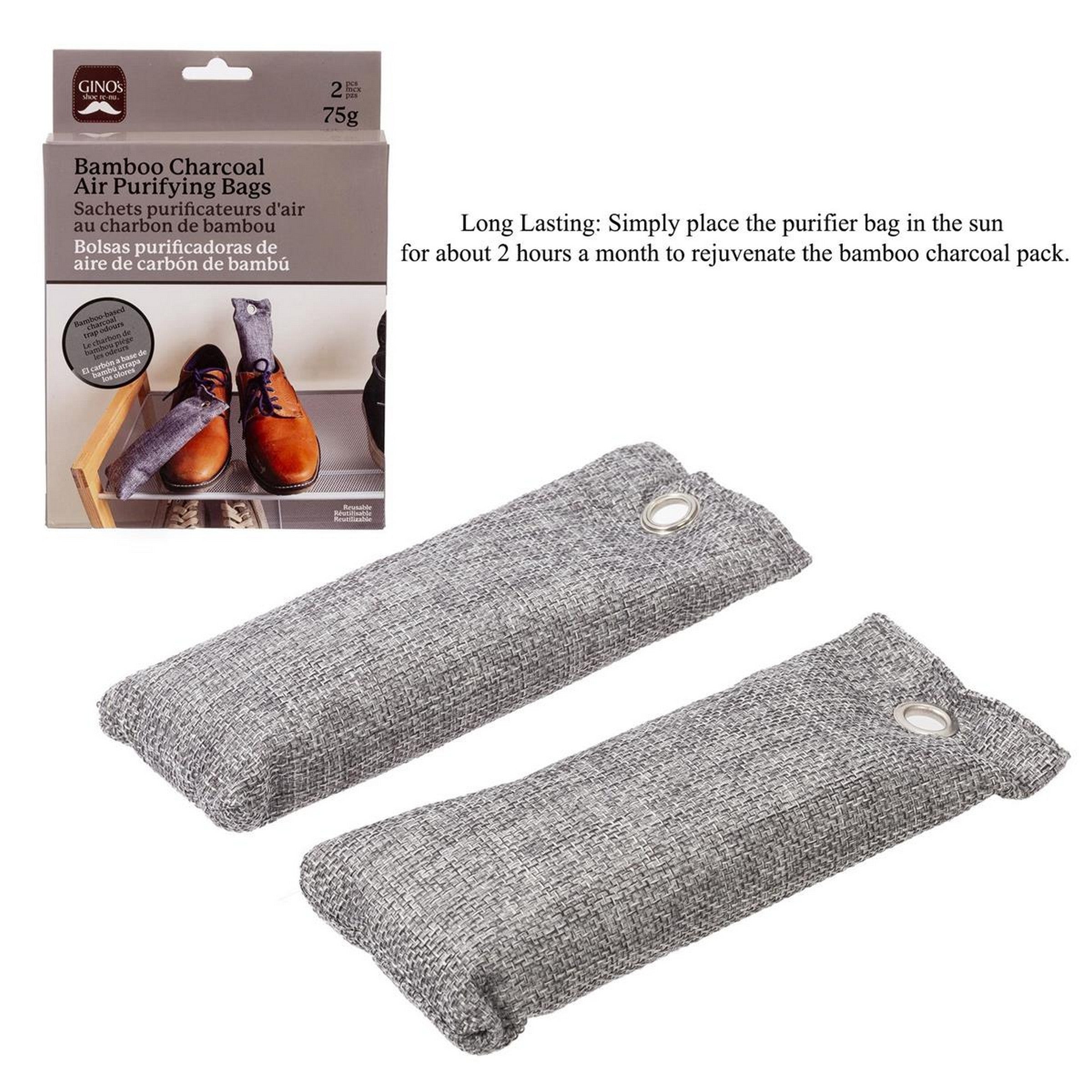 Gino 2 Bamboo Charcoal Air Purifying Bags for Shoe - Reusable 75g
