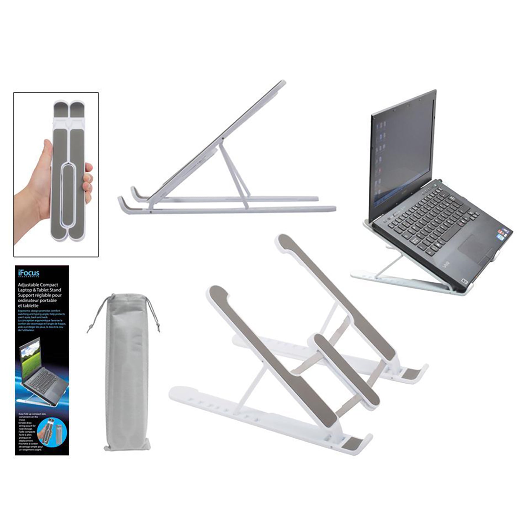 iFocus Easy Fit White Ajustable Foldable Laptop Tablet Stand with Pouch