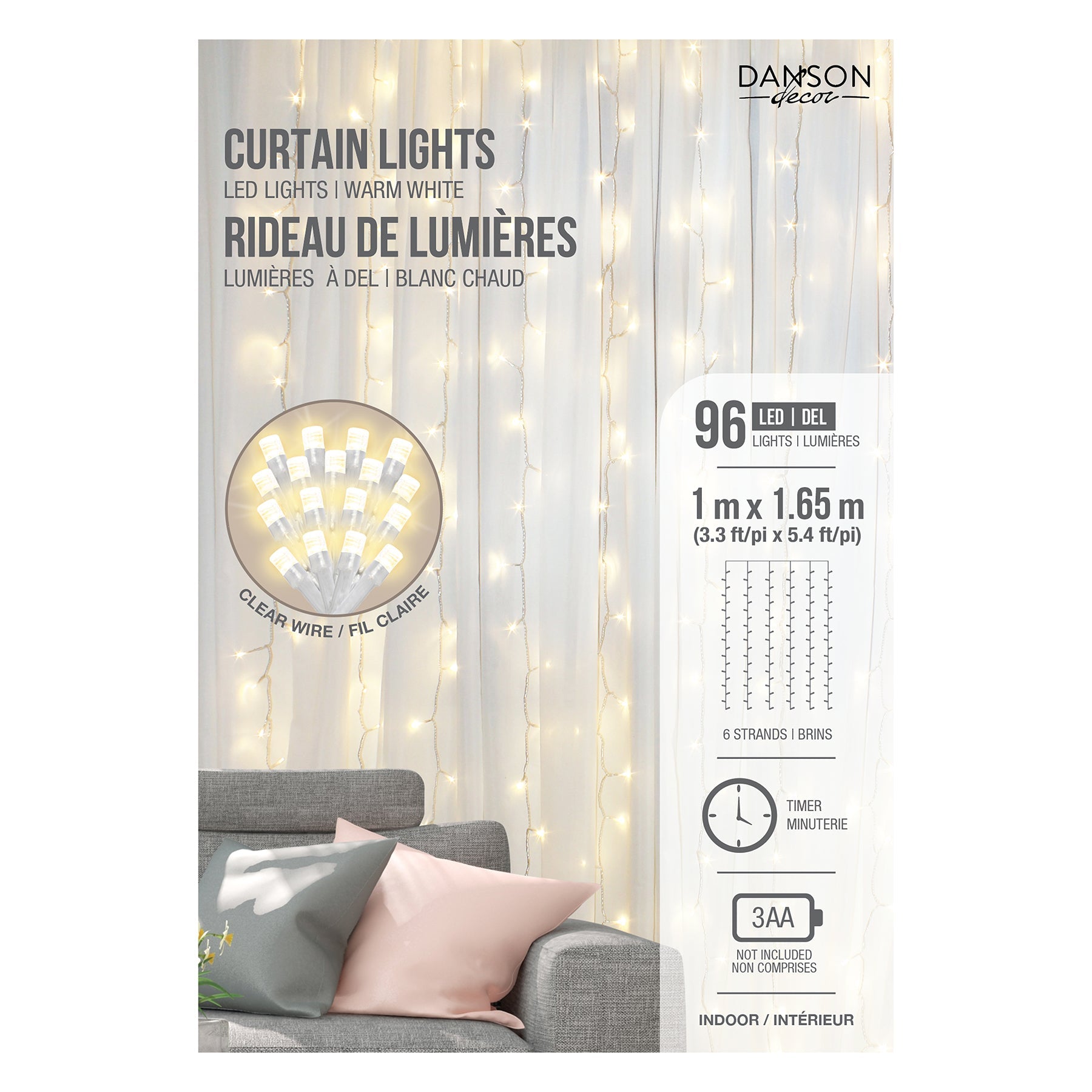 Christmas Led Lights Curtain Indoor with Timer Warm White Clear Wire 39x65in