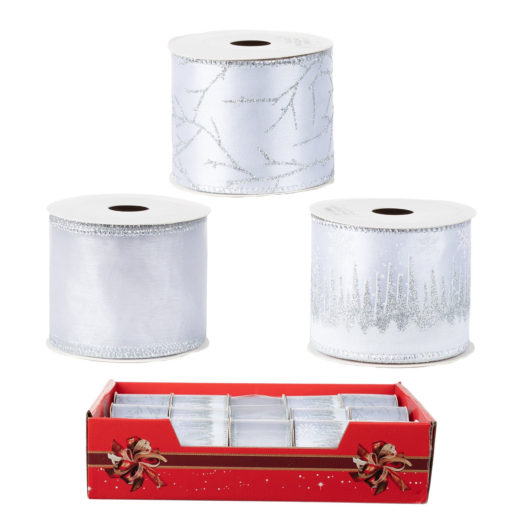 Christmas Ribbon with Wire Edge White and Silver 2.5x108in