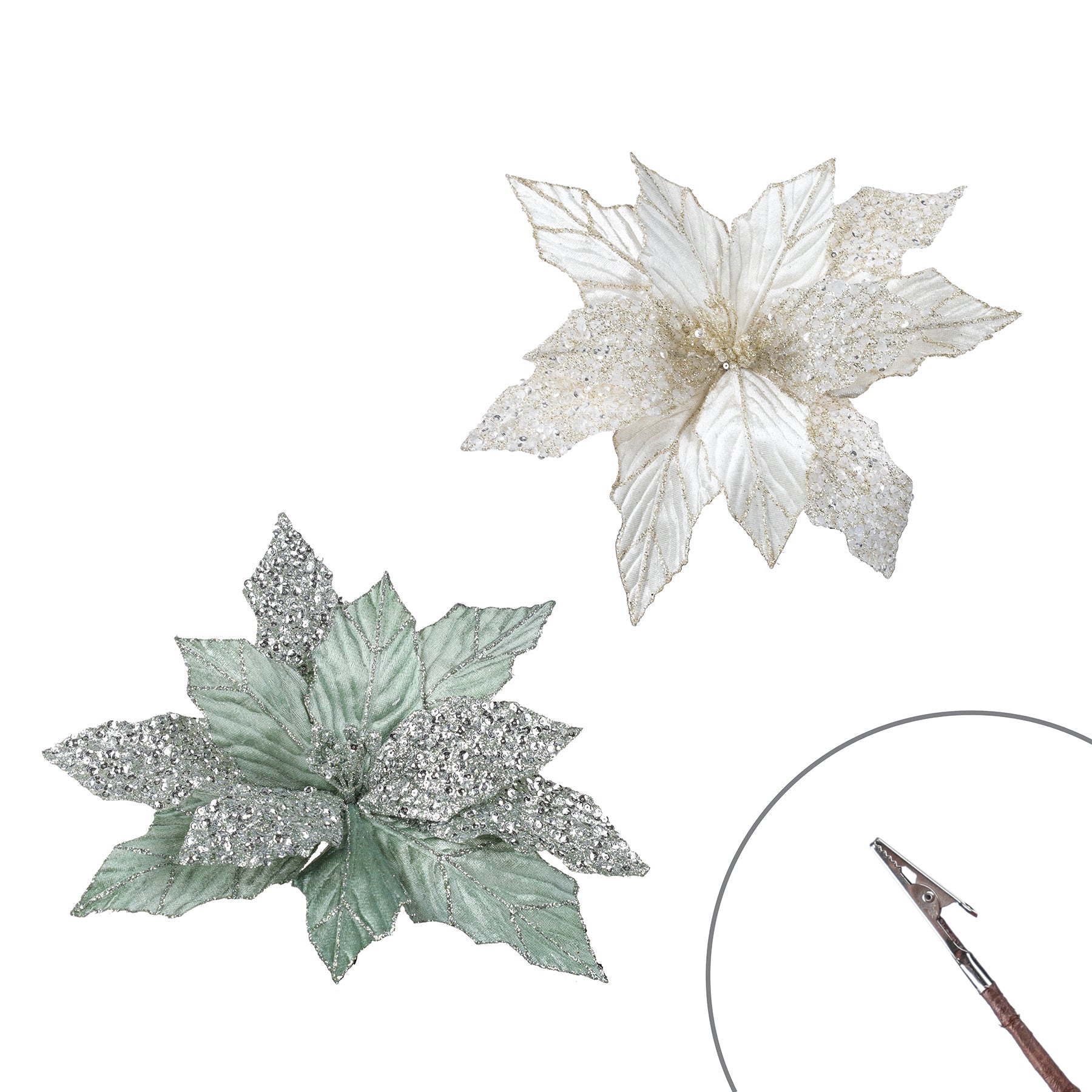 Christmas Velvet Glitter Single Head Poinsettia on Clip 11.4in