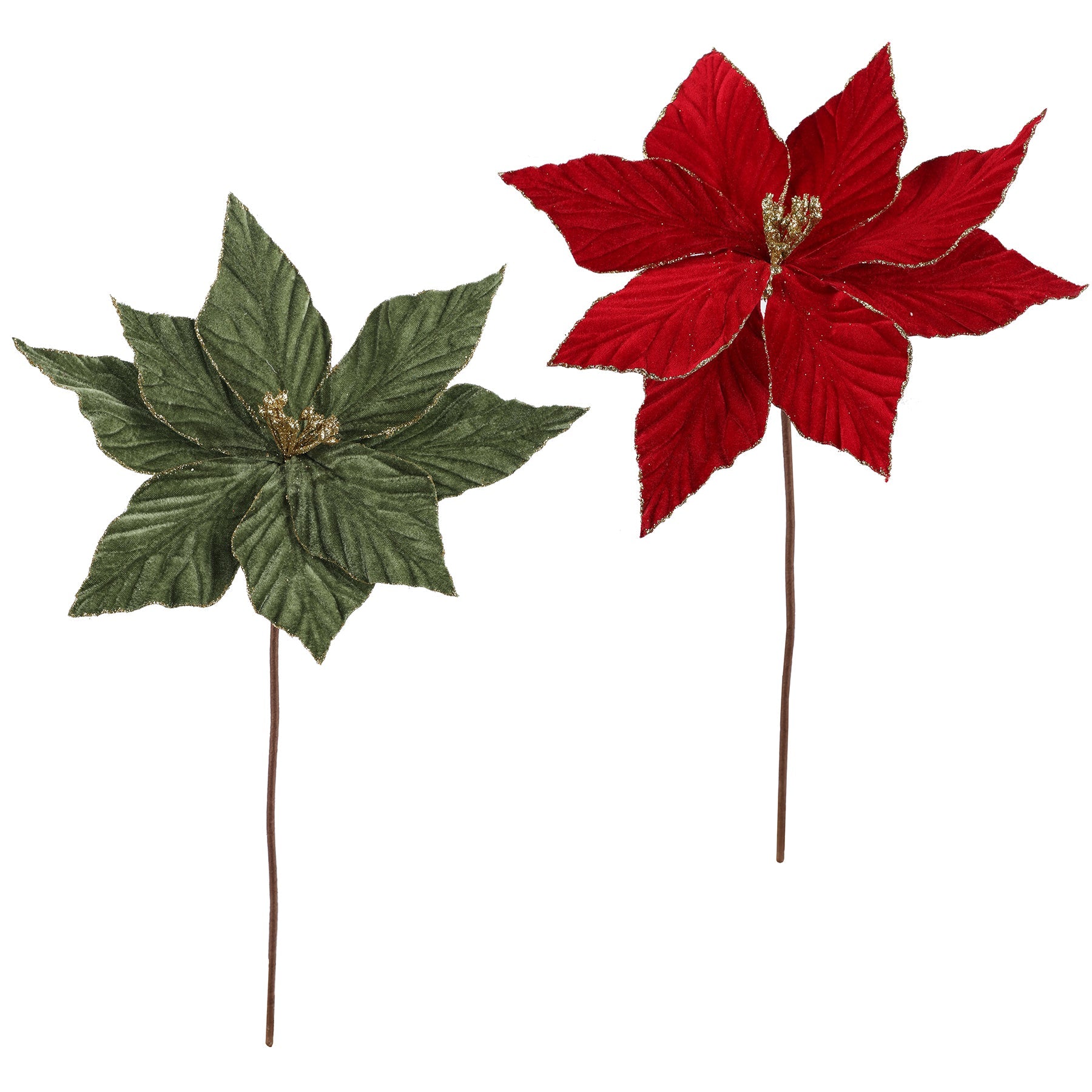 Christmas Velvet Poinsettia with Glittered Edges on Stem 12.5x20in VRT